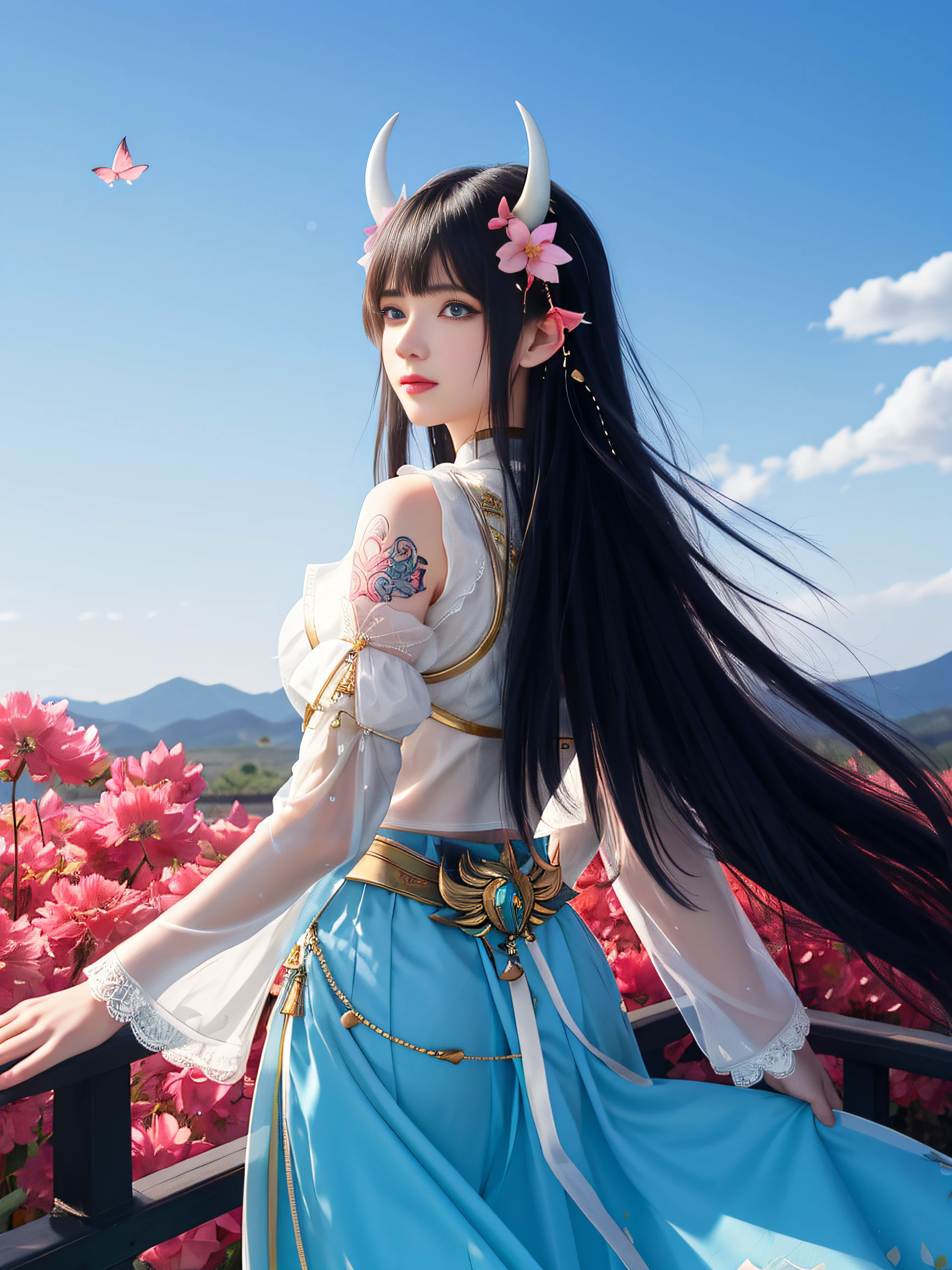 1girll，GenshinImpact，tattooed back，独奏，Long hair，red hair，veils，florals，Viewing viewer，By bangs，Vision Genshin，a skirt，tattoo，Pink flowers，longer sleeves，ssmile，crop tops，hair adornments，Eau，Fluffy sleeves，barebacked，Fluffy long sleeves，nedium breasts，Go back to square one，upper legs，cow horn，Parted bangs，jewelry，eBlue eyes，Open lips，float hair，double tails，Clothing cutouts，Pedras preciosas，Harem outfit，Small circles，hairflower，Look back，Gold trim，Aqua Eye，Medium chest，Fake Horns，side locks，Bracers，cow boy shot，Detached sleeves，blue gem，from back，Long hair，nedium breasts，eBlue eyes，​​clouds，florals，cleavage，The clothes ar，Viewing viewer，White hair，Eau，By bangs，Skysky，Open lips，Shoulder blades，butterflys，hair adornments，Medium chest，white backgrounid，blue-sky，armour，bedbug，Cleavage incision，Blue flowers，float hair，black color dress