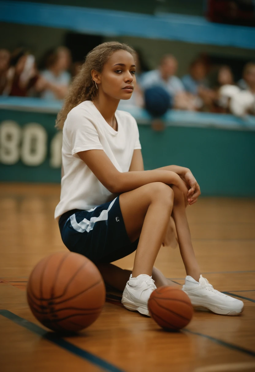 2000s fashion, high-angle photo, shot with Fujicolor C200, capturing a girl sitting down on a basketball court as a backdrop, colorful melancholy, flickr, associated press photo, upper body