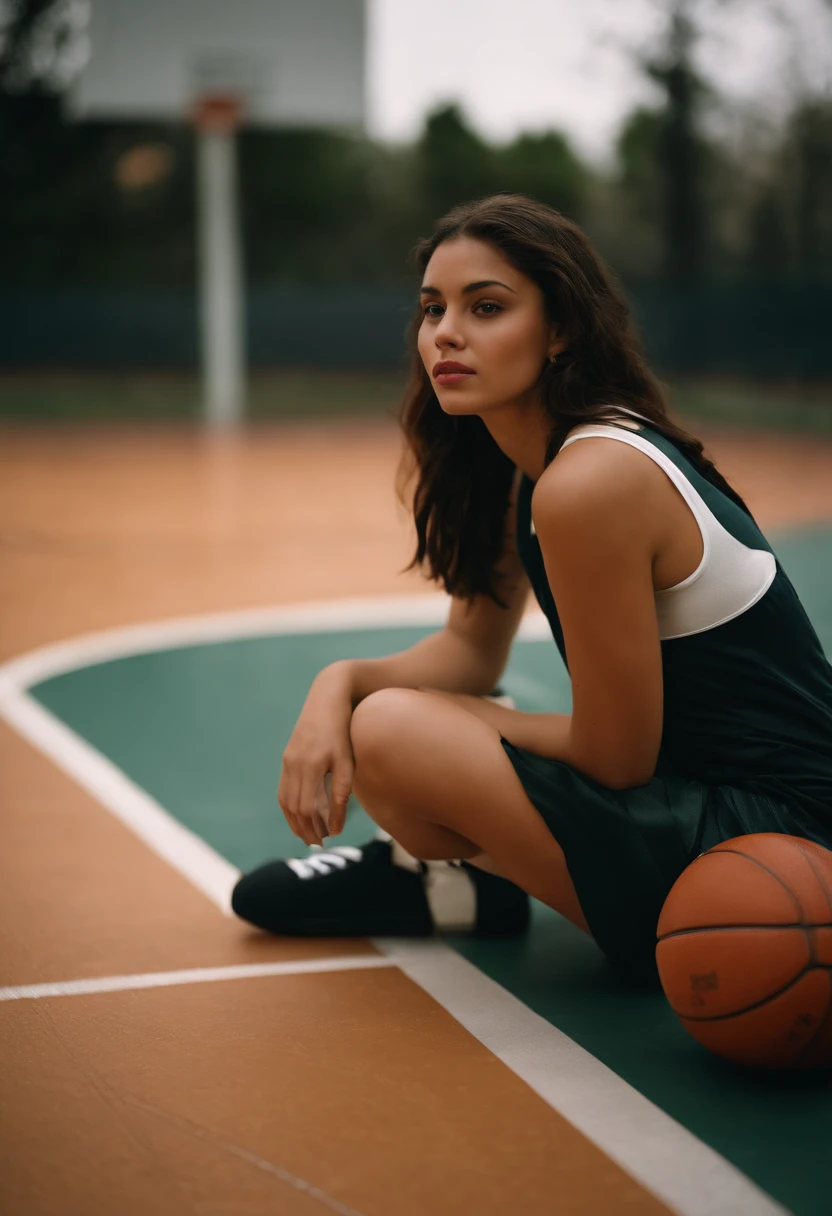 2000s fashion, high-angle photo, shot with Fujicolor C200, capturing a girl sitting down on a basketball court as a backdrop, colorful melancholy, flickr, associated press photo, upper body