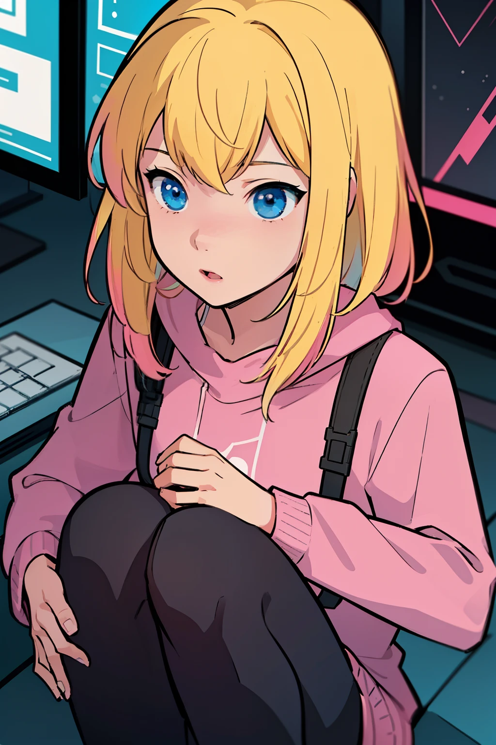 solo, 1girl, (masterpiece), ((16 year old appearance)), Blonde hair, Medium hair, blue eyes, anime girl,  Pink sweater, black pants, small breasts, cyberpunk city, nigth