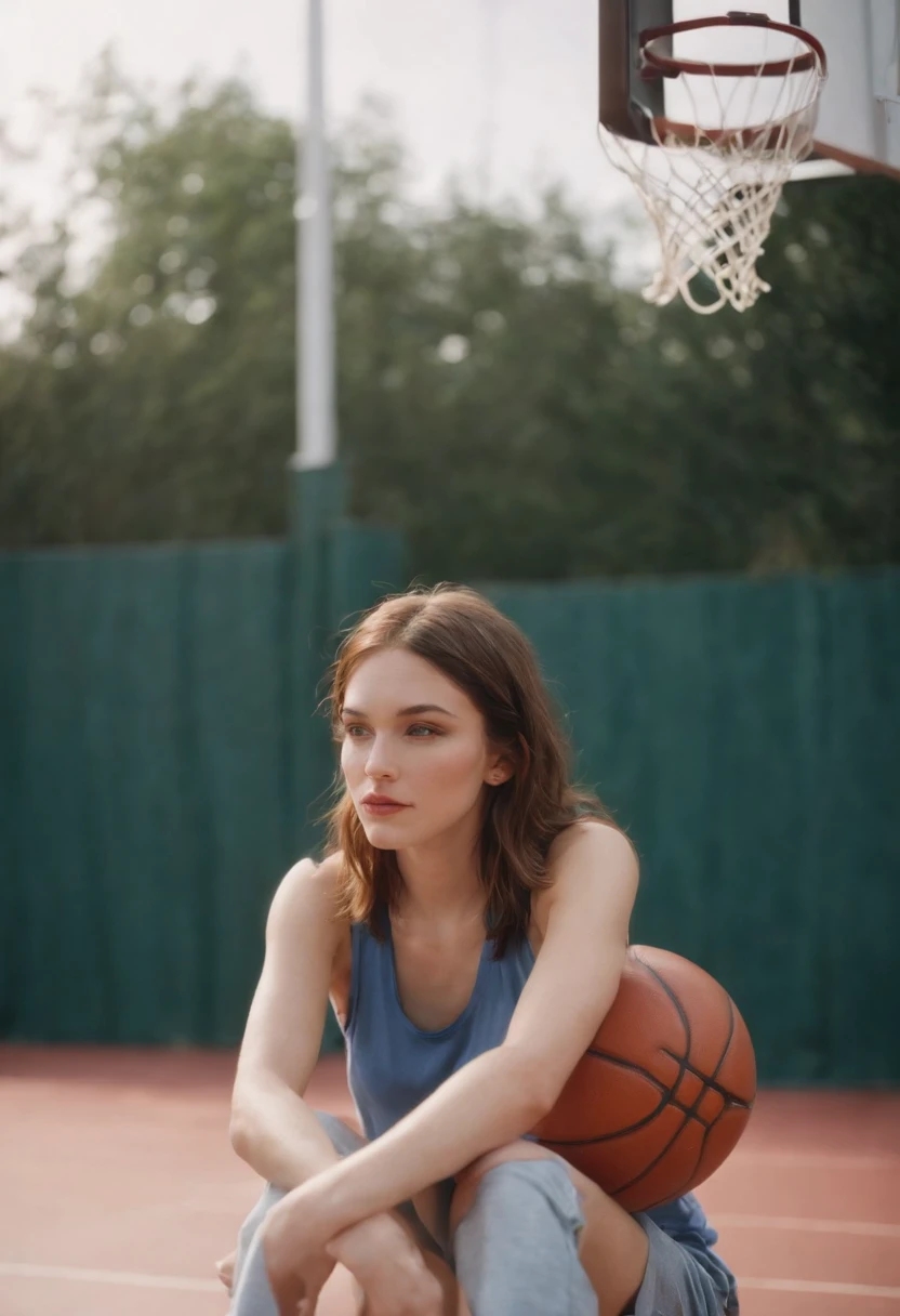 2000s fashion, high-angle photo, shot with Fujicolor C200, capturing a girl sitting down on a basketball court as a backdrop, colorful melancholy, flickr, associated press photo, upper body
