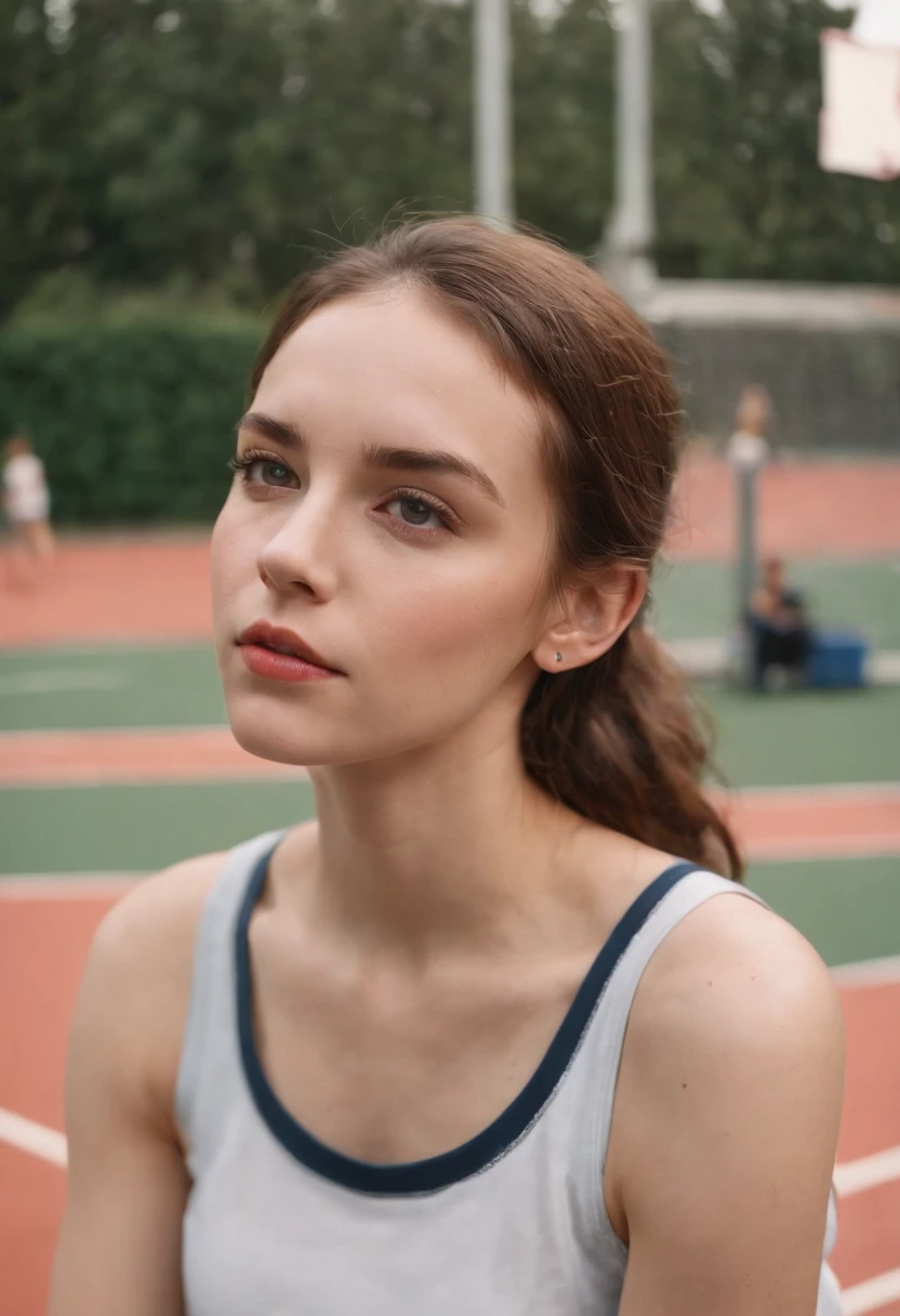 2000s fashion, high-angle photo, shot with Fujicolor C200, capturing a girl sitting down on a basketball court as a backdrop, colorful melancholy, flickr, associated press photo, upper body