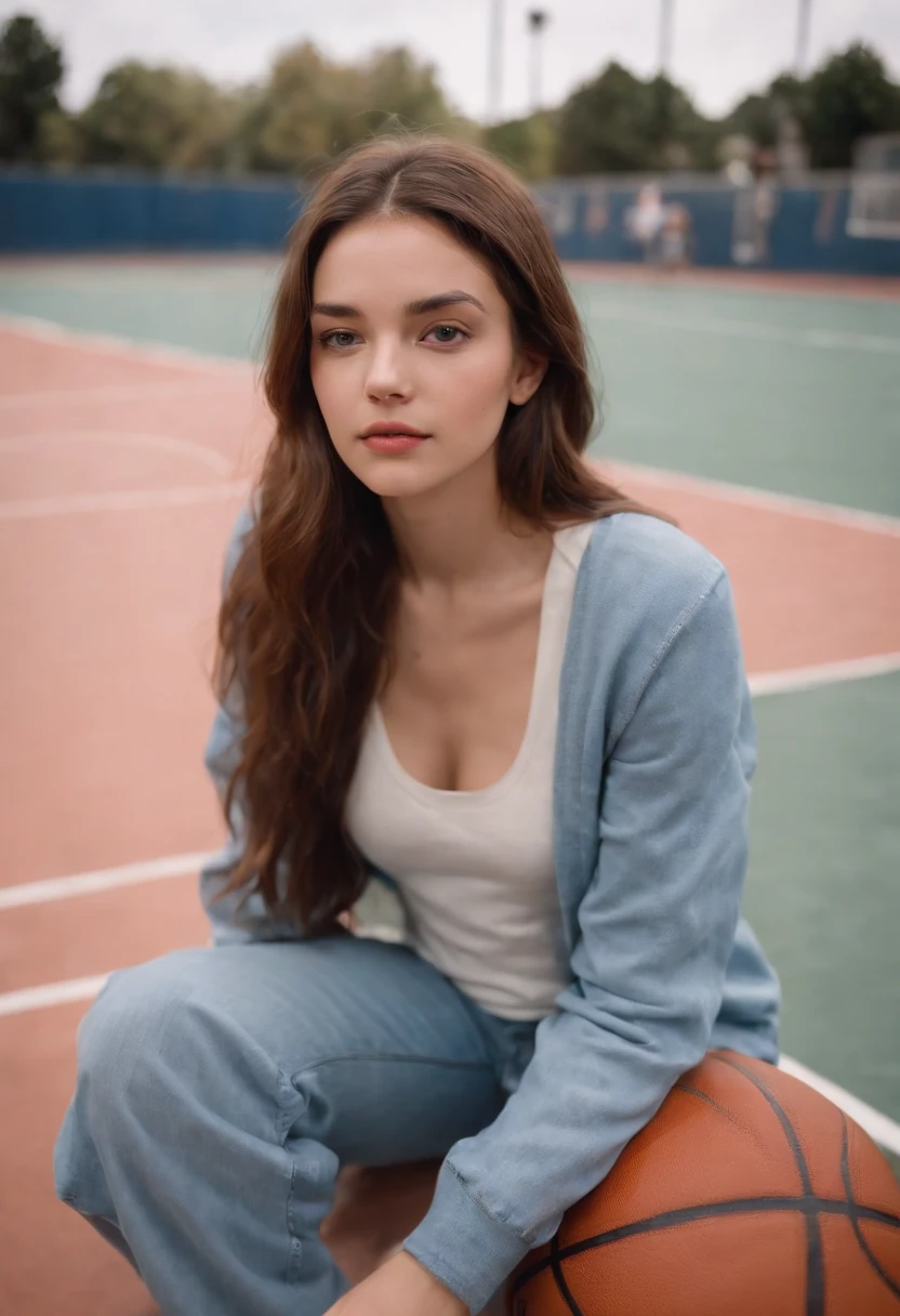2000s fashion, high-angle photo, shot with Fujicolor C200, capturing a girl sitting down on a basketball court as a backdrop, colorful melancholy, flickr, associated press photo, upper body