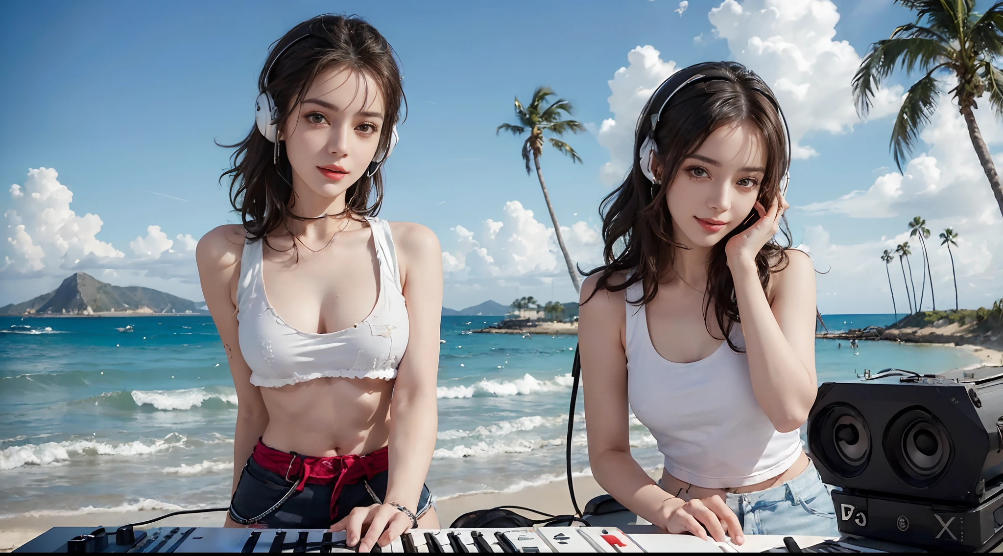 ((best qualtiy, 8K, tmasterpiece:1.3)), edgy:1.2, A beautiful woman with a perfect body:1.4, Slim Abs:1.2, ((Layered hairstyle, Big:1.5)), (Athens，the street：1.2）, (Woman in her 20s)，saturated：1.5，Highly detailed facial and skin texture，A detailed eye，Double eyelidd，Look at the camera sideways，(Woman in her 20s)，navels，exposed navel，Cover your chest with your hands，hands on breasts, Sunny weather, seaside, waves, palm tree, (White tank top and ripped shorts), seaside, waves, palm tree, seaside, waves, palm tree, seaside, waves, palm tree, seaside, waves, palm tree, (White tank top and ripped shorts), (headphones), (DJ Mix), (headphones), (DJ Mix),(Wear large headphones for DJs), (Woman manipulating DJ mix equipment), , (Woman laughs), (Woman laughs)