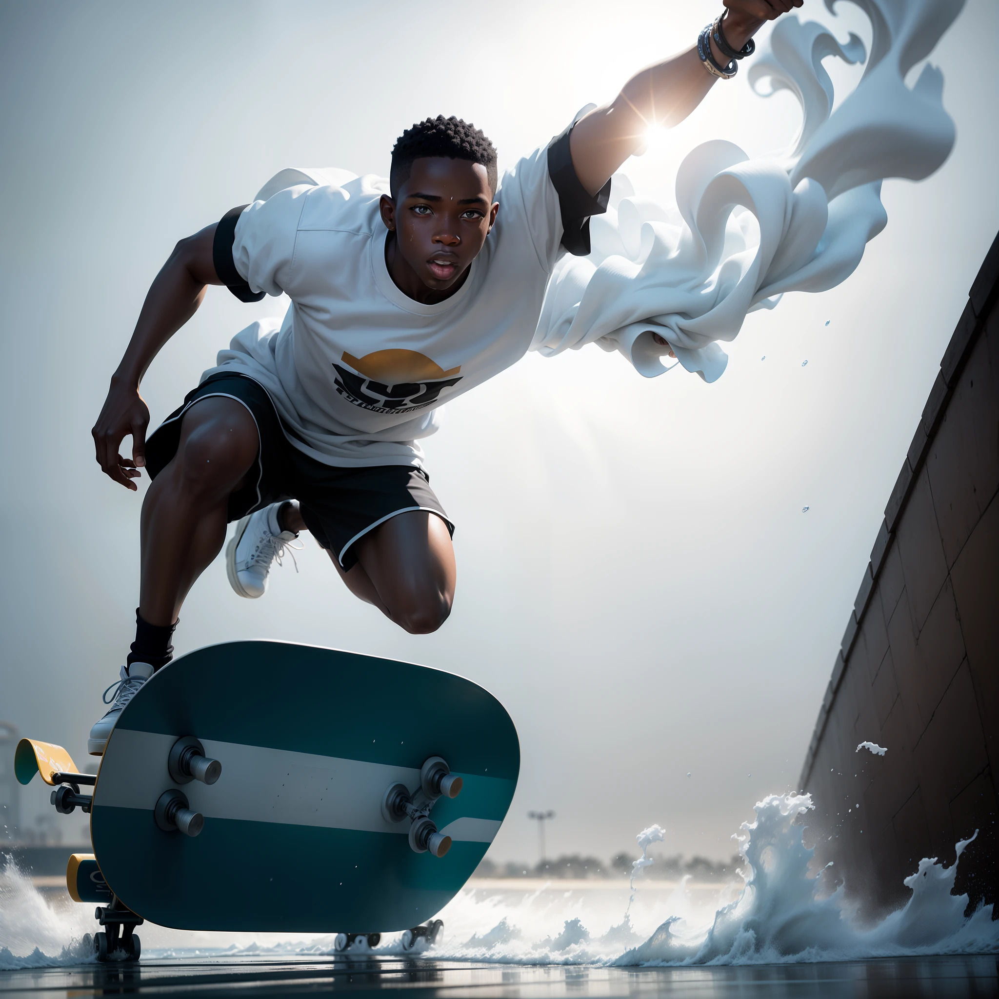 Full body shot of black teenage boy dressed in white African clothes, riding a skateboard and jumping over a moving white highly detailed bugatti splashing water, the whole scene in white colour, white smoke in scene, with iridescent light, highly-realistic image, 32k, ultra HD, cinematic lighting,