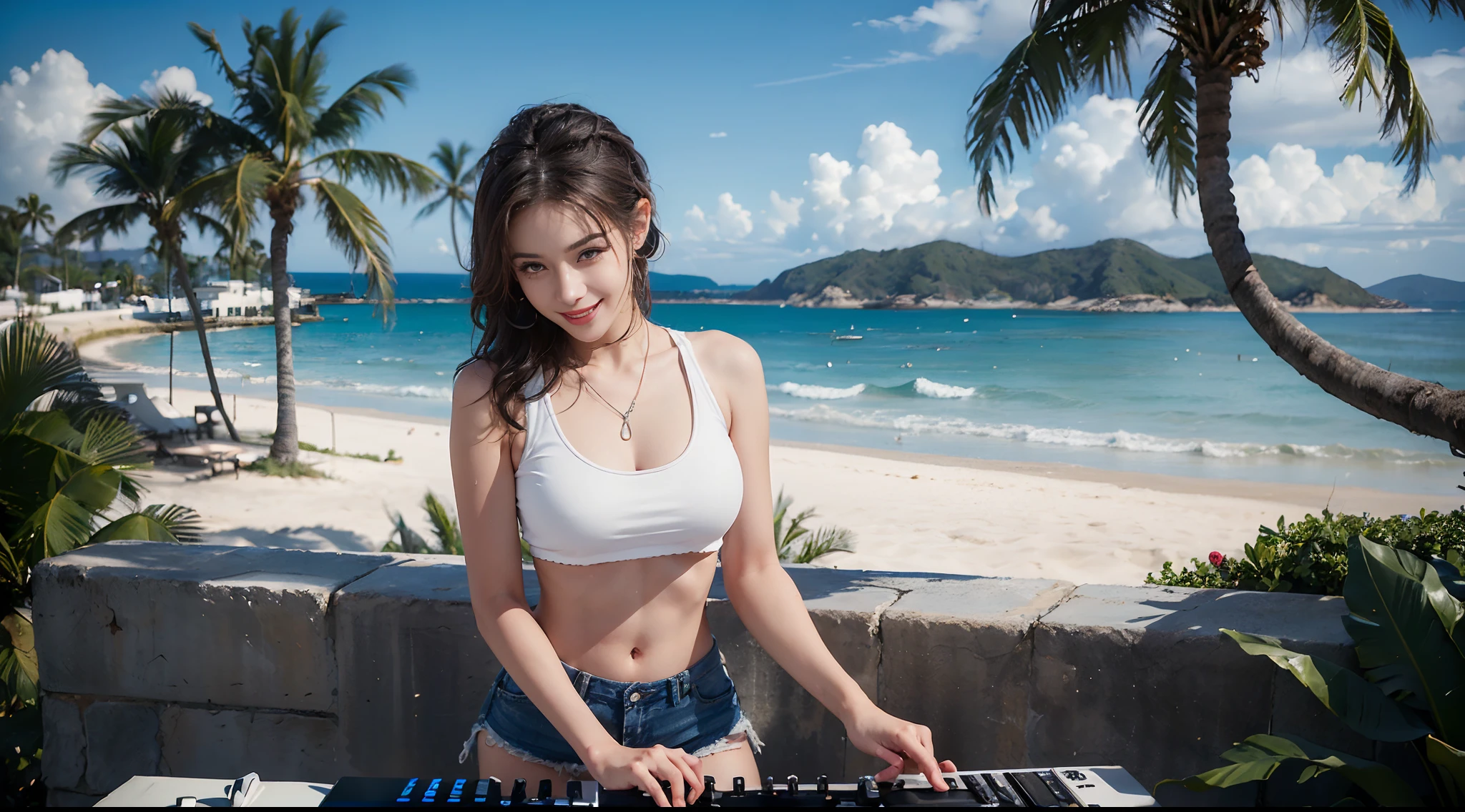 ((best qualtiy, 8K, tmasterpiece:1.3)), edgy:1.2, A beautiful woman with a perfect body:1.4, Slim Abs:1.2, ((Layered hairstyle, Big:1.5)), (Athens,the street:1.2), (1 woman in her late 20s),(1 woman in her late 20s)(1 woman in her late 20s), (1 woman in her late 20s), saturated:1.5,Highly detailed facial and skin texture,A detailed eye,Double eyelidd,Look at the camera sideways,(Female in her 20s),navels,exposed navel,Cover your chest with your hands,hands on breasts, Sunny weather, seaside, waves, palm tree, (White tank top and ripped shorts), seaside, waves, palm tree, seaside, waves, palm tree, seaside, waves, palm tree, seaside, waves, palm tree, (White tank top and ripped shorts), (headphones), (DJ Mix), (headphones), (DJ Mix),(Wear large headphones for DJs), (Woman manipulating DJ mix equipment), , (The woman laughs), (The woman laughs)