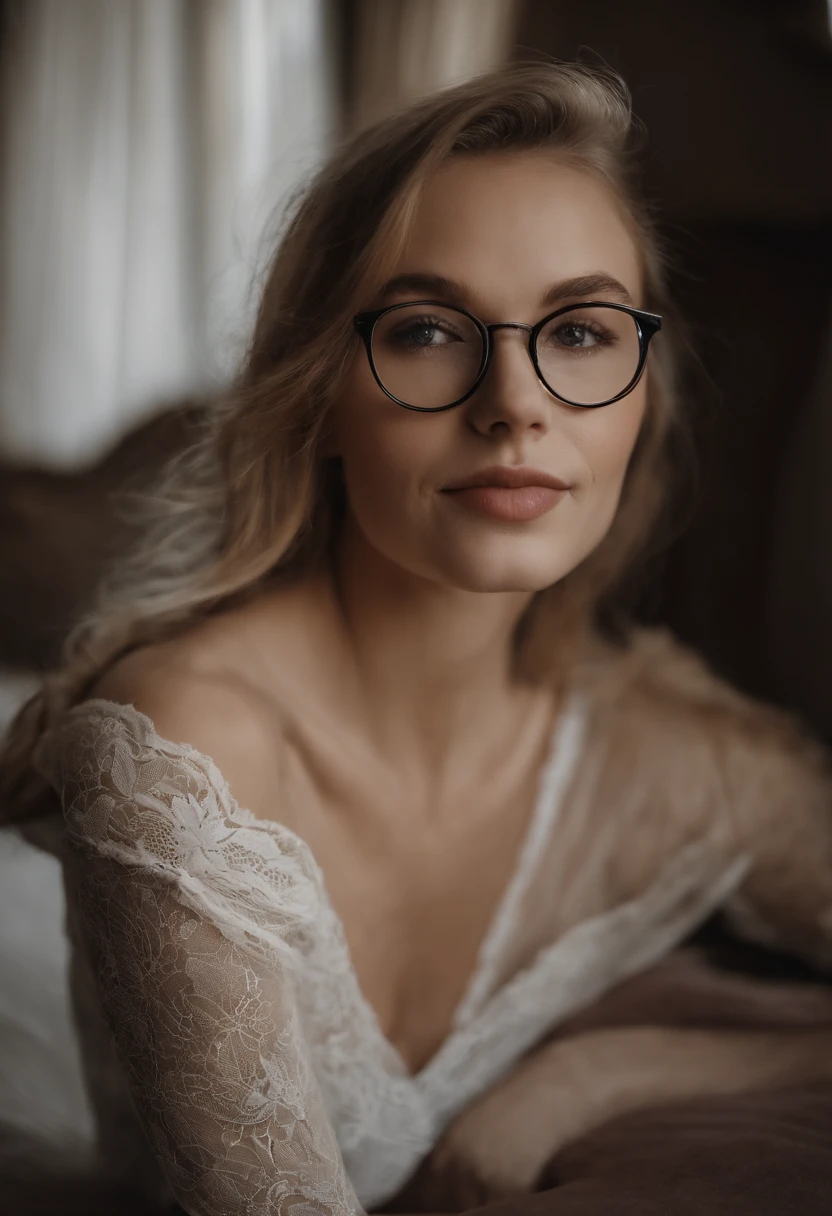 /image: smiling woman with glasses and a tattoo on her chest, linn olofsdotter, marthe jonkers, katinka reinke, annato finnstark, magdalena andersson, johannen voss, véronique meignaud, andree wallin, johanna rupprecht, inspired by Lale Westvind, profile imagePortrait of an 18 year old cute beautiful perfect face teen taking off stockings,beatutiful face, Perfect face, faired skin,She was happy,Very beautiful Russian,raw,nudes on a bed,(Dark private study,Dark and moody light:1.2)