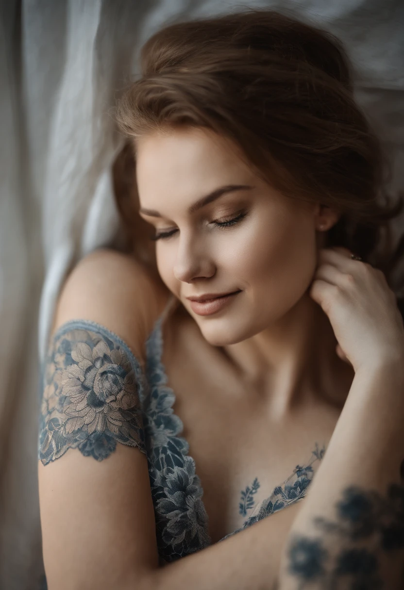 /image: smiling woman with glasses and a tattoo on her chest, linn olofsdotter, marthe jonkers, katinka reinke, annato finnstark, magdalena andersson, johannen voss, véronique meignaud, andree wallin, johanna rupprecht, inspired by Lale Westvind, profile imagePortrait of an 18 year old cute beautiful perfect face  teen taking off stockings，beatutiful face， Perfect face， faired skin，She was happy，Very beautiful Russian，raw，nudes on a bed，（Dark private study，Dark and moody light：1.2）