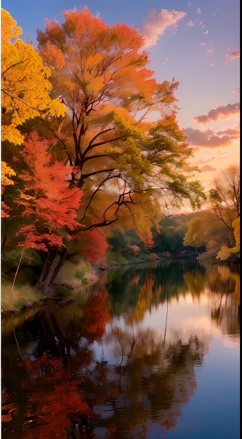 ((Hue: Orange, Red: 1.2), (CG: 1.2, Photo: 0.8), (Soft, Delicate), (Elevation View, Trees, Lakes), (Flowing Water, Autumn Leaves): 0.9, Sunset), (Phoenix, Nirvana), (Wind Blowing Clothes, Flowing Clouds Tide): 0.8)