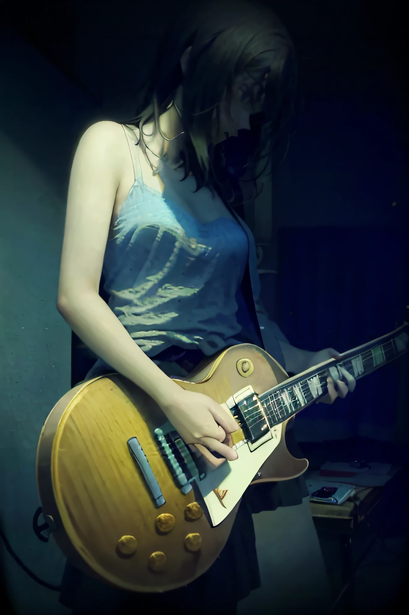 There is a woman playing guitar in the room, playing a gibson les paul guitar, plays the guitar, Playing guitar, guitar solo, rocking out, Playing electric guitar, Playing the guitar, grainy picture, Heavy, grainy images, Blurry, low quality grainy, Grainy low-quality photos, blurry photo, Grainy vintage, Blurry video