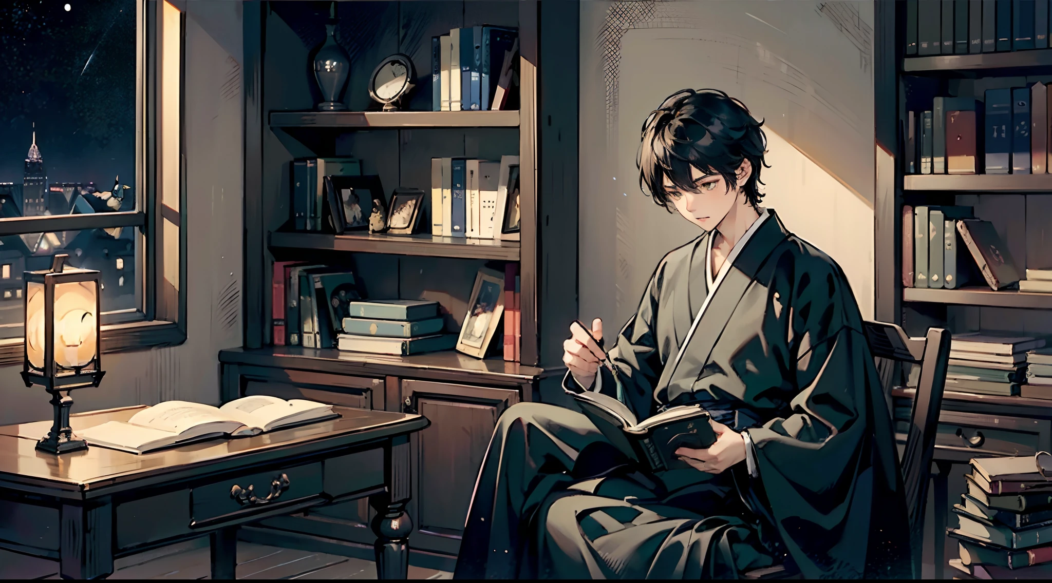 #Quality (intricate-detail、ultra-detailliert:1.2,cinematic shot), #midnight (deep blue night sky, darkness), #one writing boy ( male、writer,Honor Students、A dark-haired、short-hair、hakama,sit flat), #dark room (only one candle,books on desk,pretty tatami,a lot of books,bookshelf,black cat)