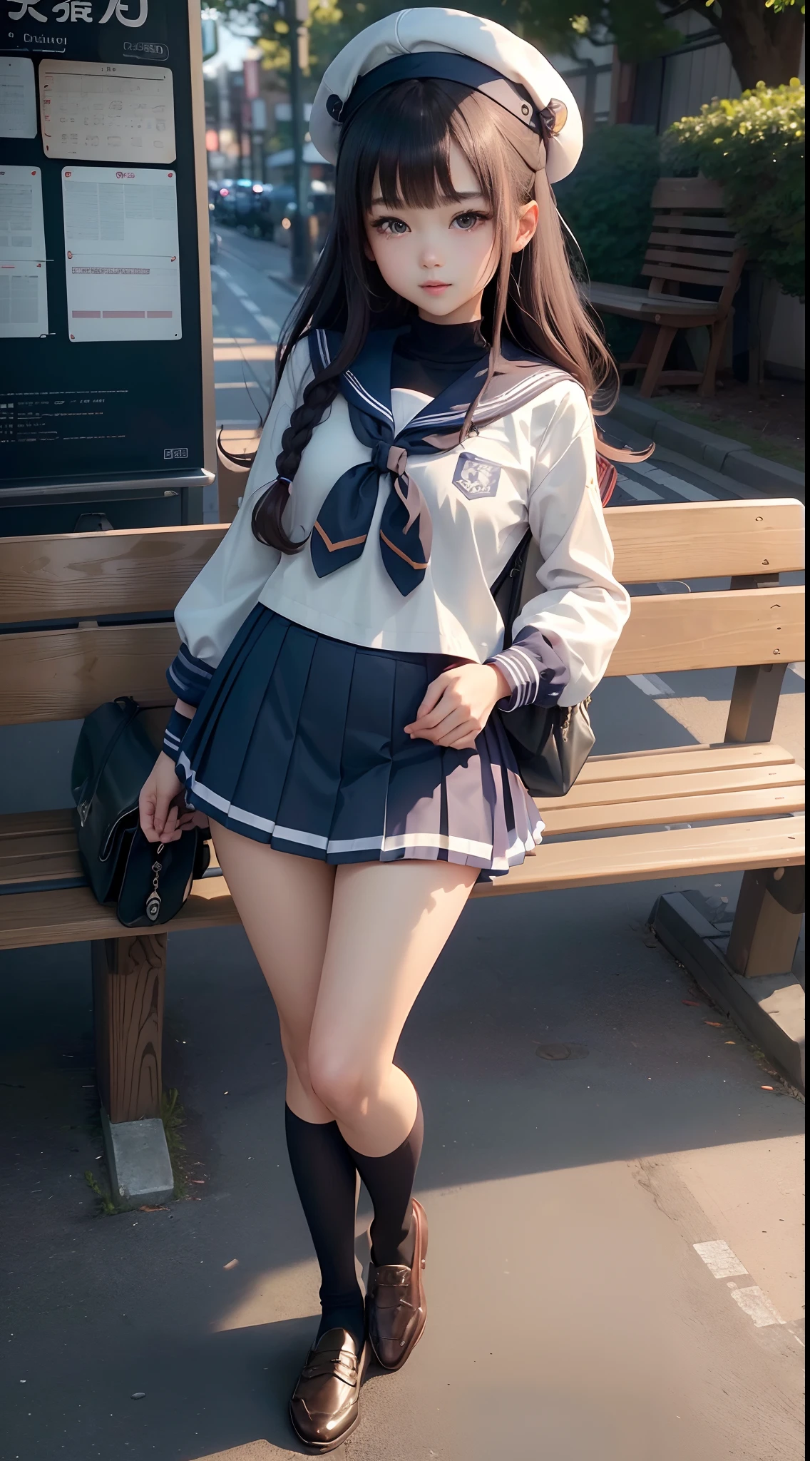 Arafed asian girl in a sailor outfit posing on a bench - SeaArt AI