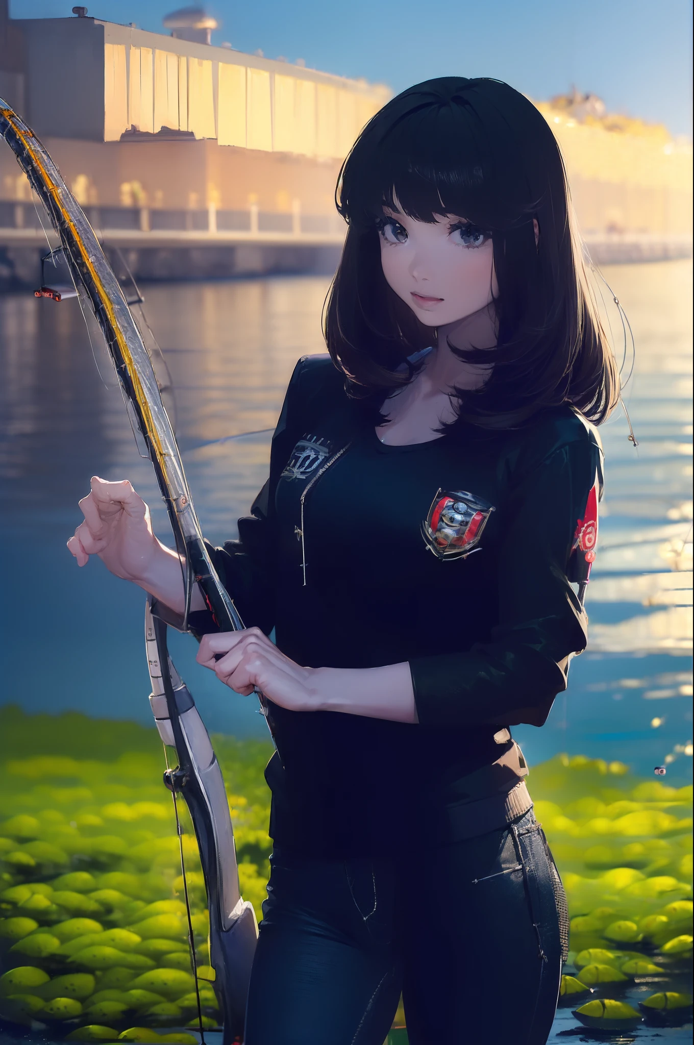 ((((Have fishing rod with a reel:1.5)))),((Female 28 years old)),((Best Quality:1.5)),(((Hands with the correct number and structure of fingers:1.4))),((lakeside:1.37)),hight resolution,ultra-detailliert,masterpiece,best qualtiy,(Eight-headed body),Black hair, long eyeslashes, Solid Circle Eyes, drop shadow, Atmospheric perspective,Super Detail, ccurate, small brest,(Black jacket and black jeans :1.1),top-quality, blurry backround, bokeh dof:1.2, (masterpiece:1.3), Atmospheric perspective,Super Detail,dynamic compositions, Ultra High Quality,