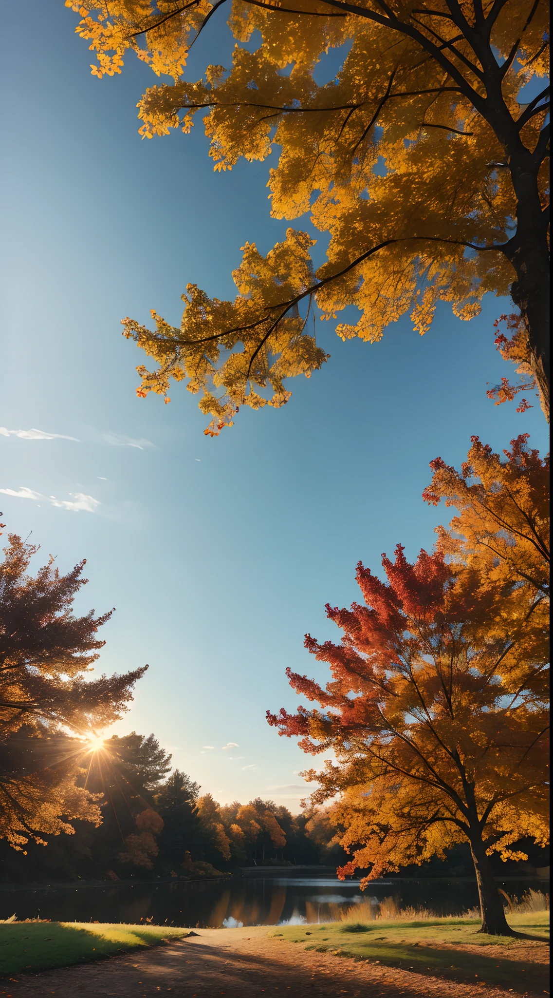 Autumn evening,Branches in the sun,Hang sunlight on the leaves,photorealestic,Natural soft light,Hyper-detailing,4K