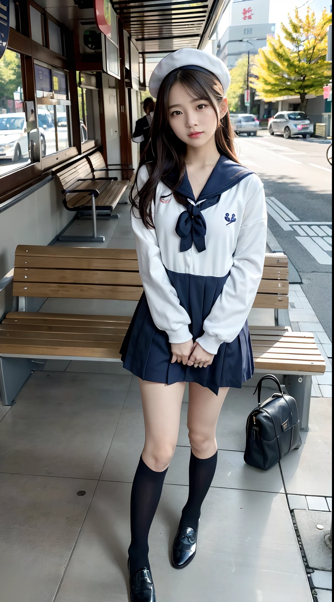 mix4, (16 K, Raw photography, Top image quality, masterpiece: 1.45), (realisitic, Photorealsitic: 1.37), one girls, 7.5, etc、Standing figure,cute little, A city scape,, profetional lighting, photon maping, Cityscape with street trees, physically-based renderingt, Gradient dark brown hair,, a handsome, Well-groomed and beautiful eyes、Large double eyelids、Very shiny、girl with, (((student clothes、Long sleeve sailor suit worn by Japan girl、red cuffs、Dark blue mini skirt, Small gray beret、Dark blue knee-high socks、Black loafers))), Top Quality Photos, hight resolution, 1080p, (clearface), (Detailed face description), (Detailed hand description), (masterpiece), (Exquisite CG)、extreme light and shadows、dishevled hair、master work、abundant detail、(Fine facial features)、(top quality photo)、(masuter piece)、(A detailed eye)、Look in front of you、Fine clavicle、((Slender big))、(((Japan schooln long-sleeved sailor suit)))、((Ready Idol System))、((Boulevard with street trees、Bus stop、timetable、Benches))、(Shooting from random perspectives)、(((Anyway cute)))、耳Nipple Ring、A big smile、Drawing the whole body from the knees、Do not draw nasolabial folds、(((Long-sleeved sailor suit)))、(Big breasts that hang down big:0.7)、Big buttocks with tension、Two arms and two legs、(((from the front side:0.5)))、bare hand、No mask