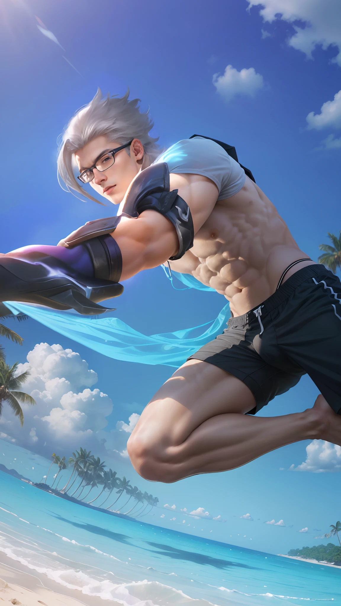 (Ultra detailed quality: 1.5, 8k photo, Ultra HD photo, Sharpness: 1.5, Super detailed photo sharpness, Super high resolution), 1 guy, Super handsome, The most beautiful boy in the world , Beautiful male model, Attractive male lead 20-25 years old, White hair, Silver hair, Wearing glasses, Natural, smooth skin, Cute, Korean, Transparent white shirt, ((No wearing shirt), 6-pack abs, Firm abs, Hairless, ((Black underwear)), Summer, Beach, Blue ocean water, Sand, Trees, Coconut, Sunny sky, White clouds , Light.