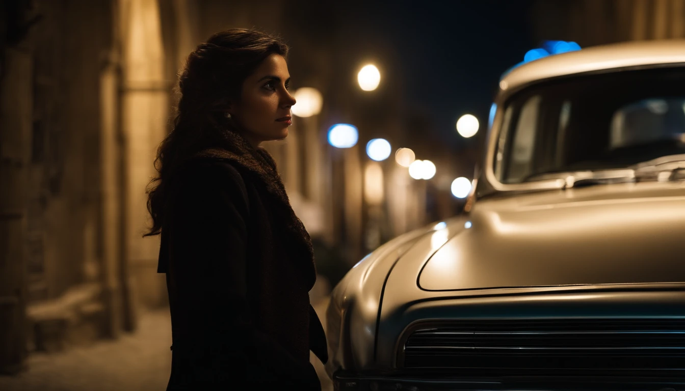 A Turkish woman on Şanlıurfa street at night, the woman's gaze remains next to the mysterious car, darkness, contrast, dark background, contrast, (cinematic light), (full frame DSLR Canon camera), 85mm macro, (f1) .8), (ISO 1200 )