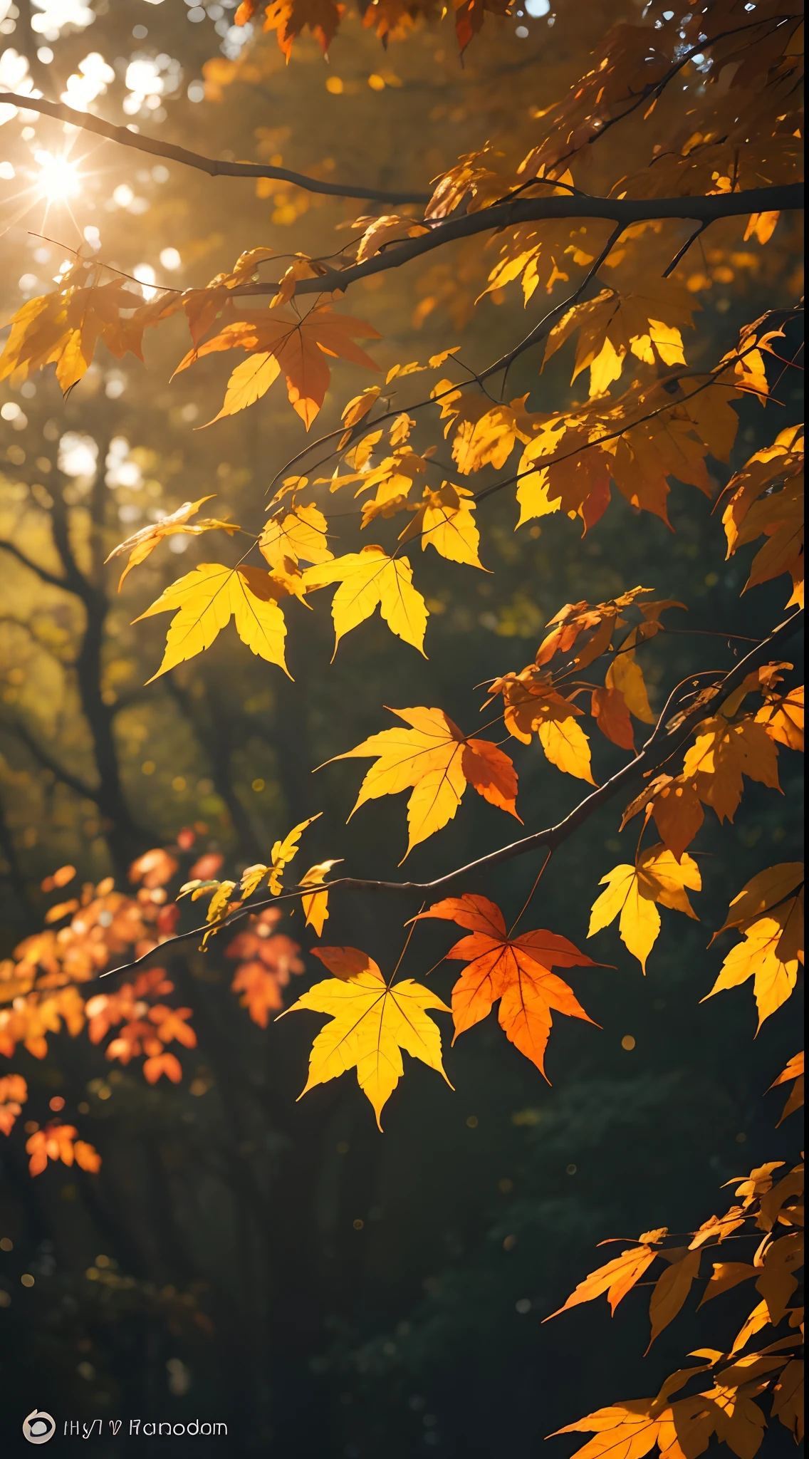 Autumn evening，Branches in the sun，Hang sunlight on the leaves，photorealestic，Natural soft light，Hyper-detailing，4K