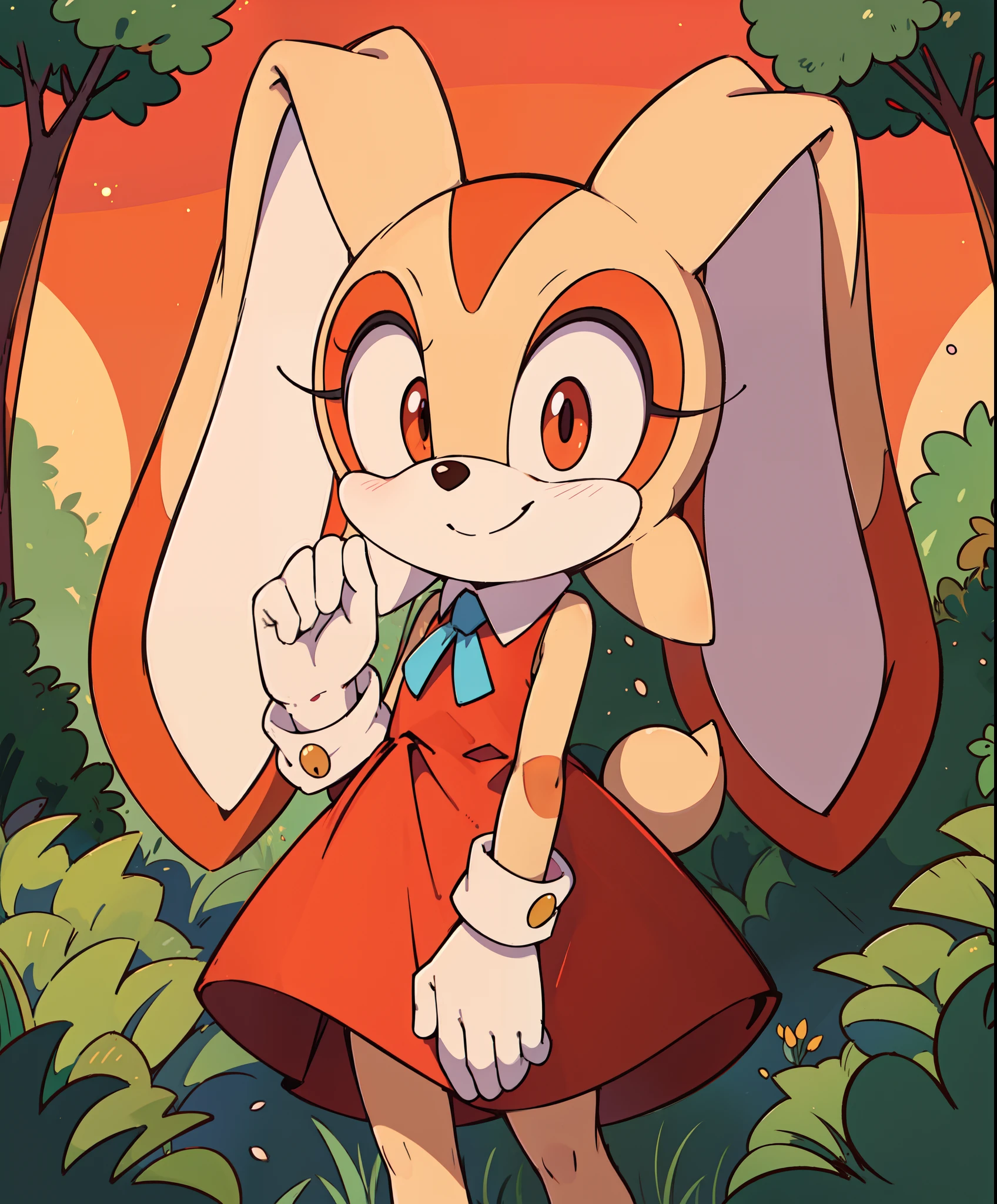 best quality, ((anthro, furry)), cream the rabbit, anthro, red dress, smile, forest background, small hand