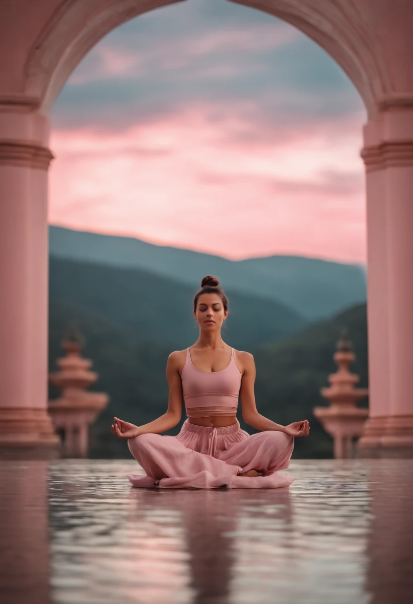 woman in lotus flower pose meditating, surreal setting, pale pink colors, high quality photography, (medium long shot)