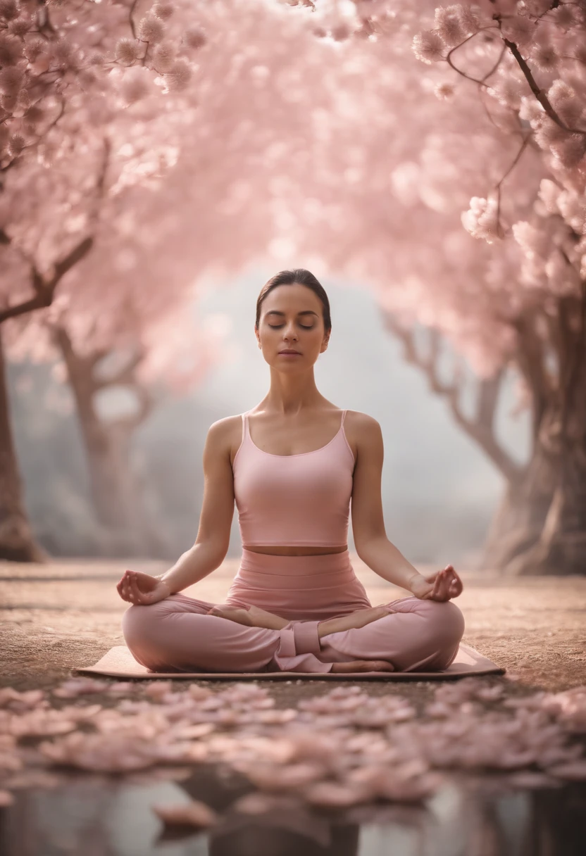 woman in lotus flower pose meditating, surreal setting, pale pink colors, high quality photography, (medium long shot)