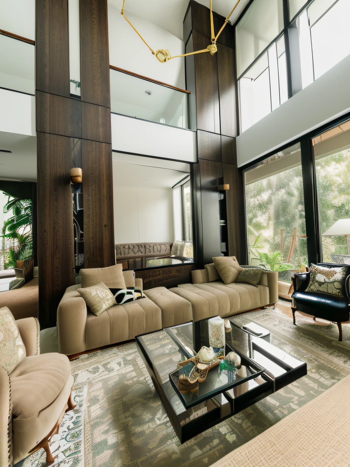 RAW photo, Masterpiece, high quality, best quality, authentic, super detailed, glossy indochina black furniture), couch, table, carpet, shelf tv, 1 solid wood door:1.4,((laminated plaster,))), day light)), natural light fromt glass door, archdaily architecture, (high detail: 1.2), 8k uhd, dslr, soft light, high quality, film grain, Fujifilm XT3,Living room, well arranged livable space, homy, (couch:1.3), (coffee table:1.3), (armchairs:1.3), dining table with chairs, Traditional design, crown holding, emphasis on on symmetry and order, classic decor elements, chandeliers and bookcases, neutral colour schemes with pops of bold colours, jewel tones