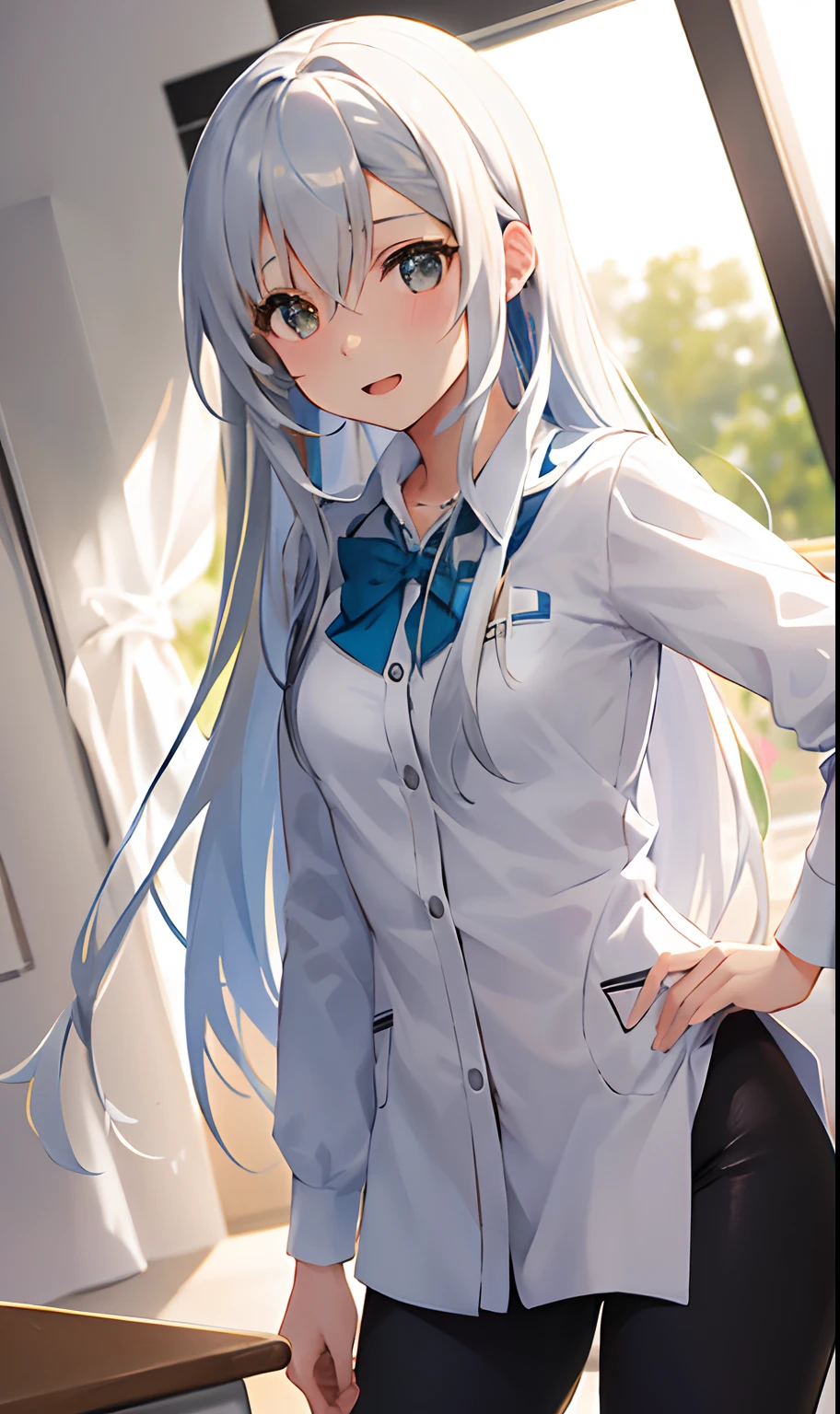 Obra maestra, La mejor calidad, finamente detallado, 1girl, blanco_cabello de asuna yuuki blanco, pechos enormes, blusa escote sexy , Classroom, leggins negros, mini falda