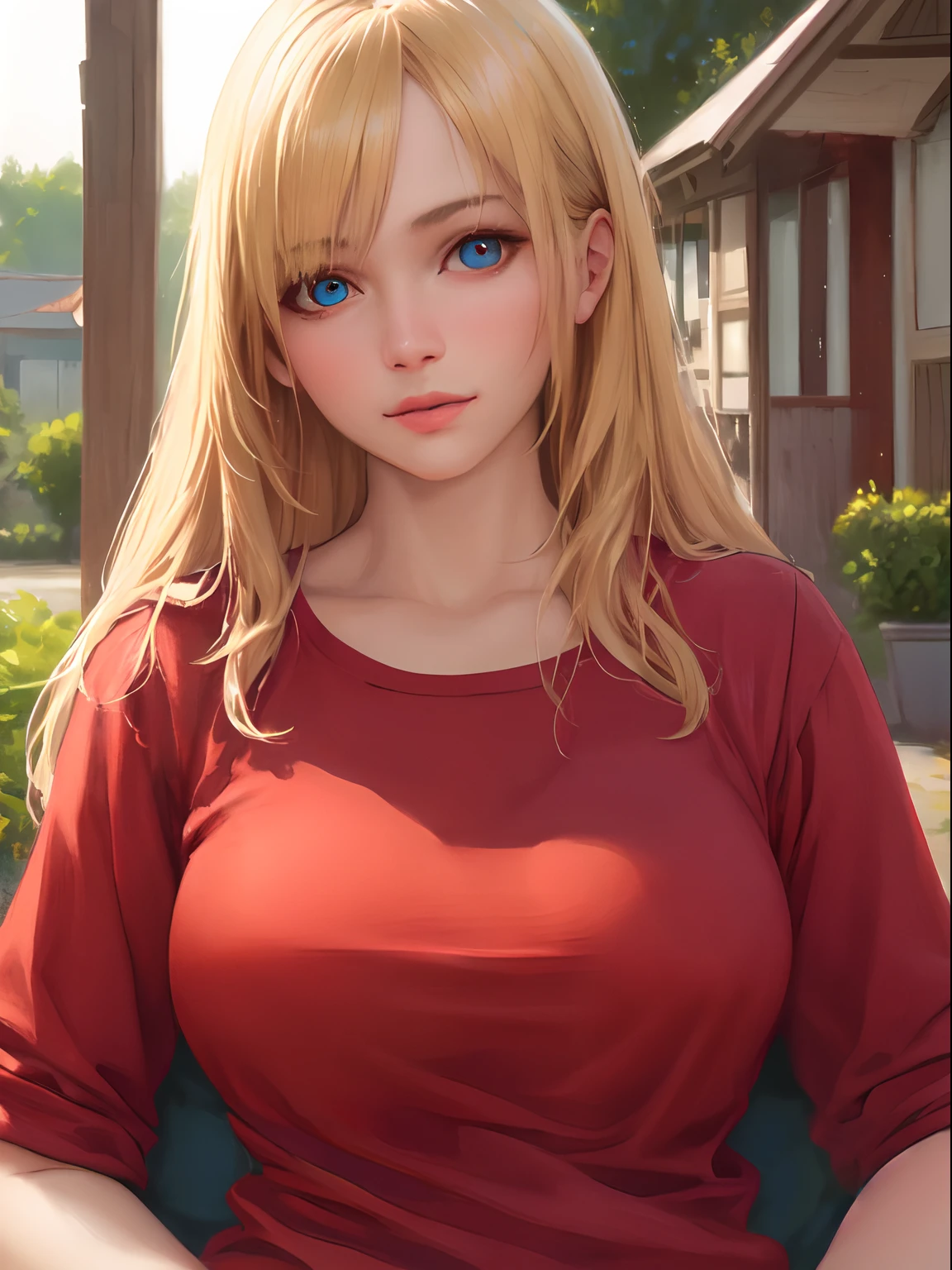 (realistic, painting style), mature, woman, german, casual clothes, red shirt, long hair, blonde hair, blue eyes, voluptuous body, tonned body, masterpiece, best quality, portrait, sharp eyes, realistic eyes, head tilt, looking at viewer, rural town,