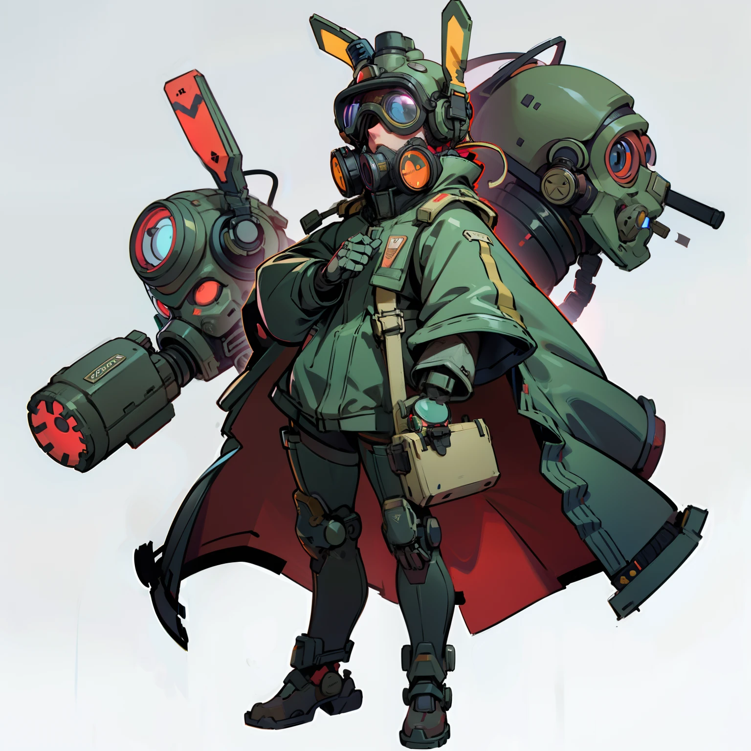 Best Quality, Full body shot, No background, White background, masterpiece, Gas mask, Robot goggles, Headphones, mechanical bunny hat, military coat,zoom out