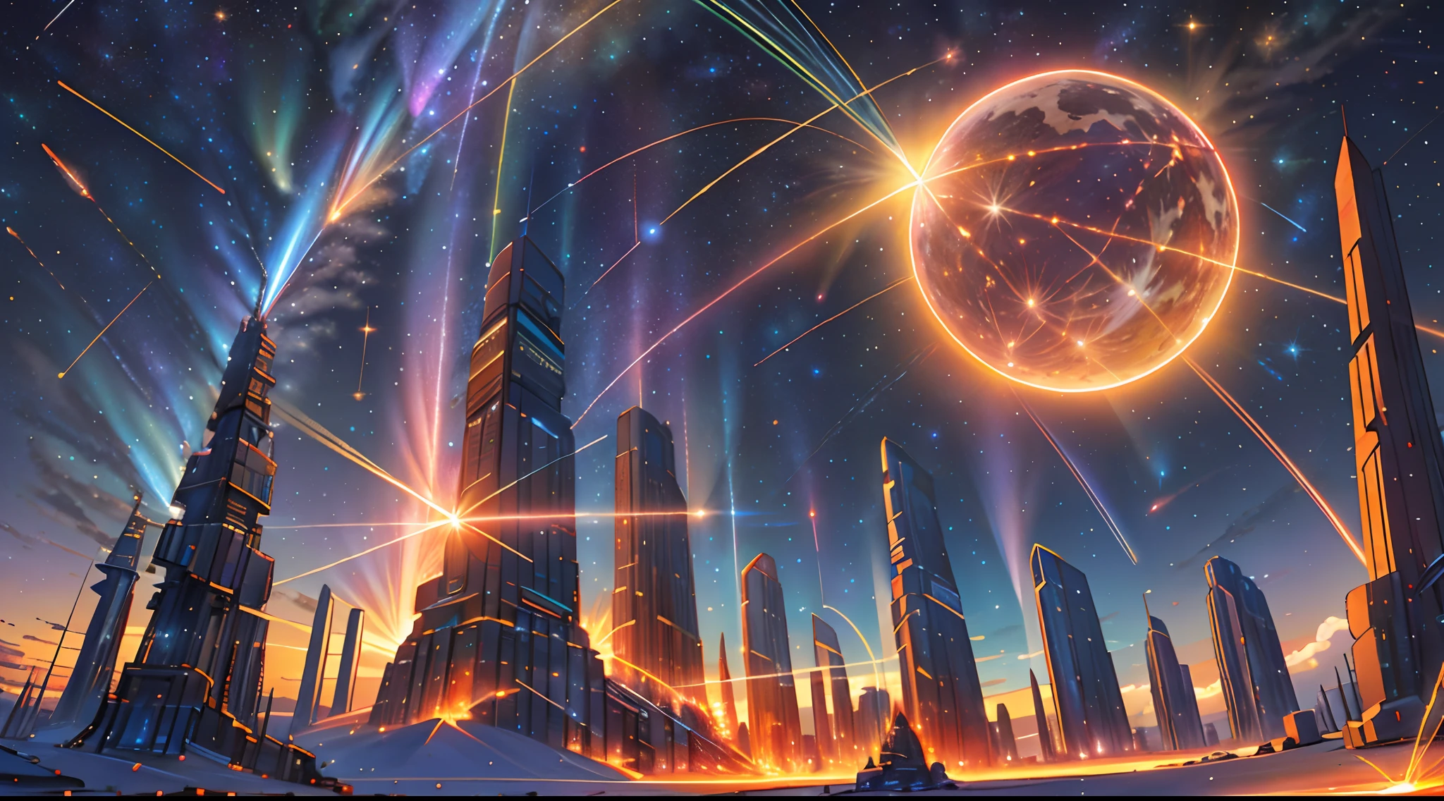 large glowing portal, star (sky), starry sky, fire, space, milky way, embers, shooting star, galaxy, sunset, night sky, explosion, sky, night, aurora, fireworks, light particles, burning, planet, twilight, flame, science fiction, starry background, sparks, snowing, dusk, gradient sky, skyline, earth (planet), sun, evening, no humans, scenery, orange sky, cloud, ruins, diffraction spikes, constellation, light, light rays, torch, sunrise