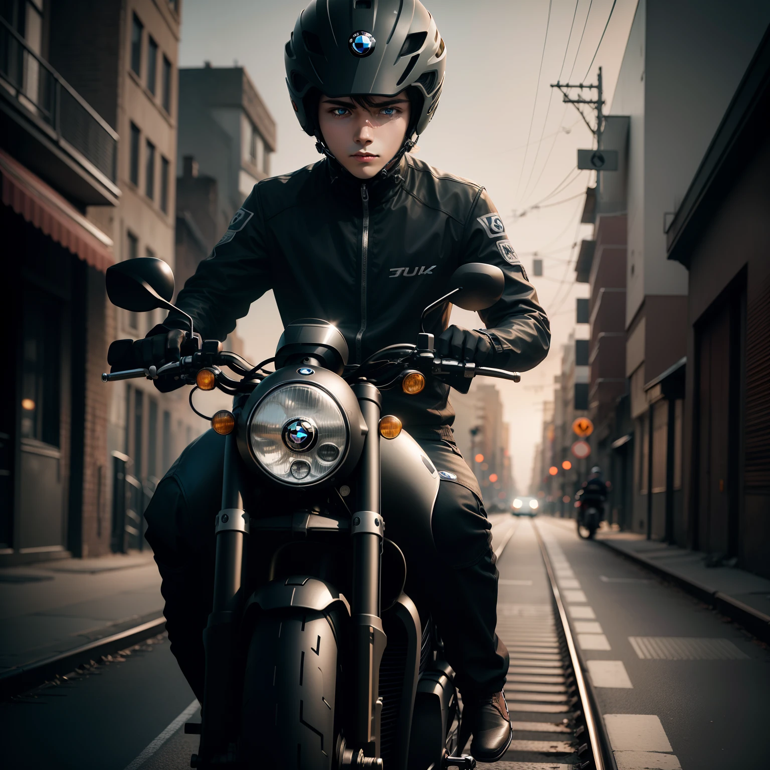 simple cute boy horror dark background background rail line BMW bike 4K quality HD plus