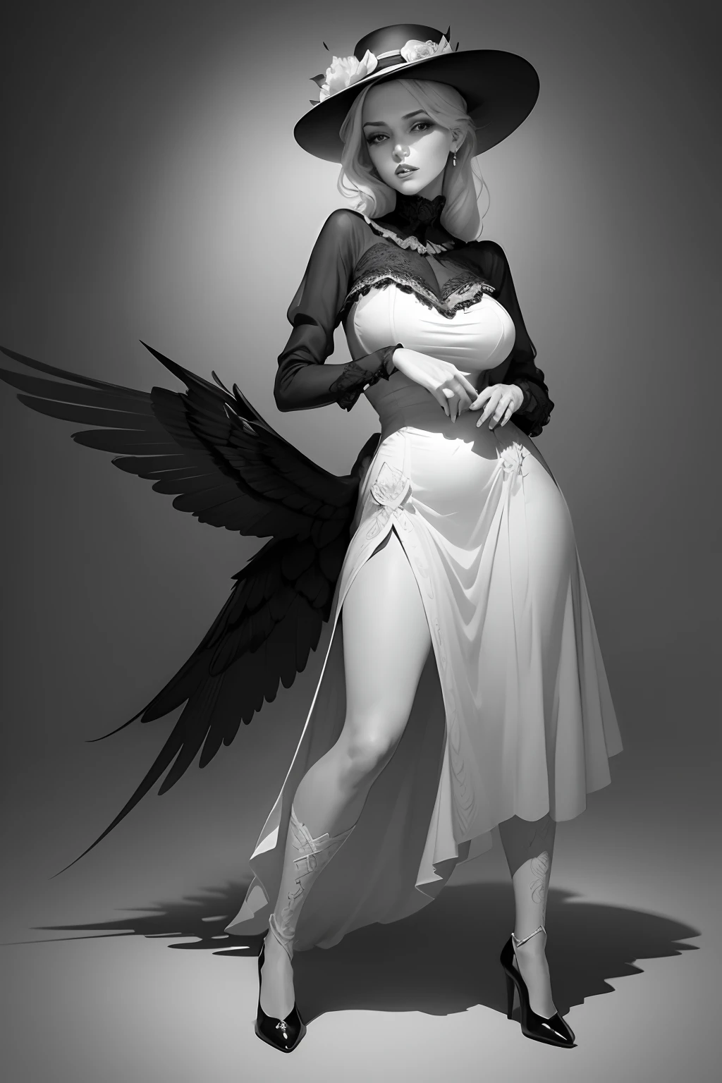 a black and white drawing of a woman in a dress and hat, exquisite digital illustration, beautiful gorgeous digital art, a beautiful artwork illustration, style of charlie bowater, sketch black and white colors, black and white coloring, in style of charlie bowater, gorgeous digital art, black and white colors, beautiful digital art, beautiful digital artwork, with beautiful wings