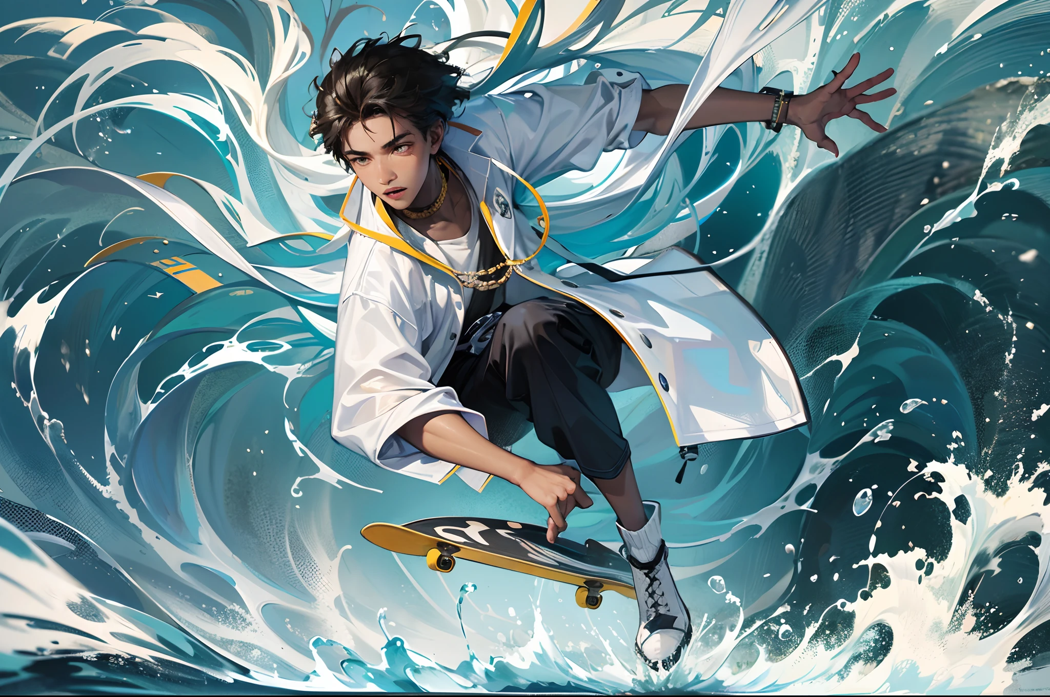 Full body shot of black teenage boy dressed in white African clothes, riding a skateboard and jumping over a moving white highly detailed bugatti splashing water, the whole scene in white colour, white smoke in scene, with iridescent light, highly-realistic image, 32k, ultra HD, cinematic lighting, artgerm style, highly detailed images, --auto --s2