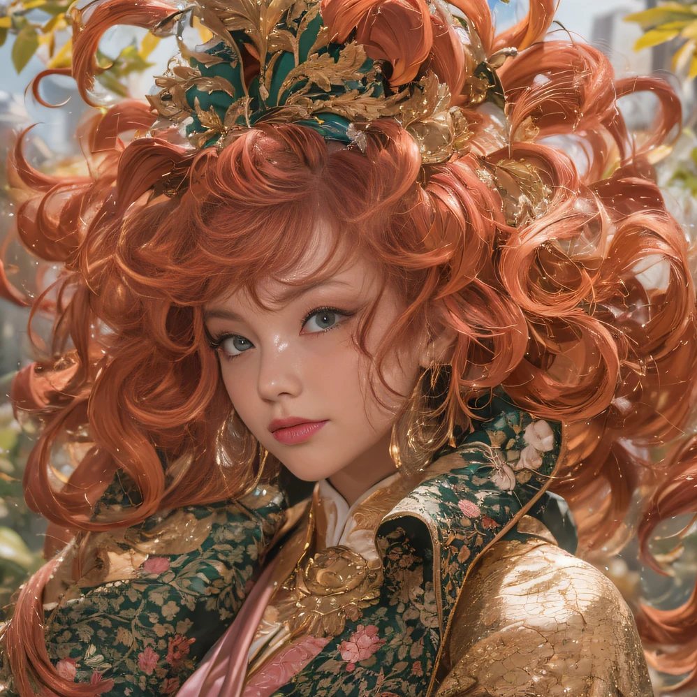 32K(tmasterpiece,k hd,hyper HD,32K)curlies,Flowing rouge,ponds,zydink, a color, Liaoning people (Silly girl), (Silk scarf), Combat posture, looking at the ground, Flowing rouge curls,Green emerald headdress, Chinese long-sleeved pink gold garment, (abstract ink splash:1.2), Pink lotus background,Water lily flower protector(realisticlying:1.4),Rouge hair,Autumn is in full swing,The background is pure, A high resolution, the detail, RAW photogr, Sharp Re, Nikon D850 Film Stock Photo by Jefferies Lee 4 Kodak Portra 400 Camera F1.6 shots, Rich colors, ultra-realistic vivid textures, Dramatic lighting, Unreal Engine Art Station Trend, cinestir 800,Large curls,Flowing rouge