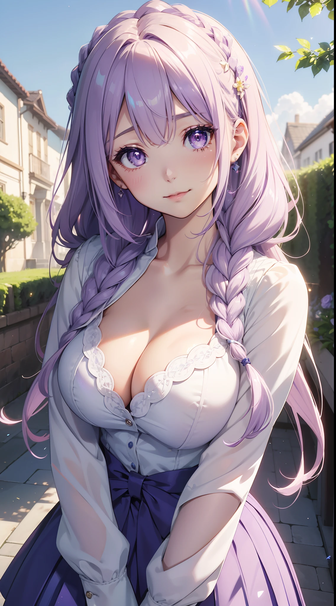 masutepiece, high resolution, 8K, anime woman, Delicate and meticulous text 、detailed digital illustration、(((Straight braids)))、Shiny hair、bangs、(cleavage:1.3),Large breasts,A very beautiful woman、The eyes are twofold、High image quality, High quality、Detailed background、(((Lovely white and lilac school uniform)))、((Beautiful blue sky and school background))、The inside of the eye sparkles like a diamond、Light purple hair、Gradient pupils、(((2 arms、4 fingers, 1 thumb)))、detailed feminine face、Very nice and lovely woman、、细致背景、tmasterpiece、Soft focus , Bright gradient watercolor , Lens flare , (((glitters))) , Glow , Dreamy , Light purple ribbon、Very beautiful light purple rose hair ornament、Light purple and gold uniform,White is the main color、((Immediately adjacent to the front corner))、Gape、A smile、Morning background、rainbowing