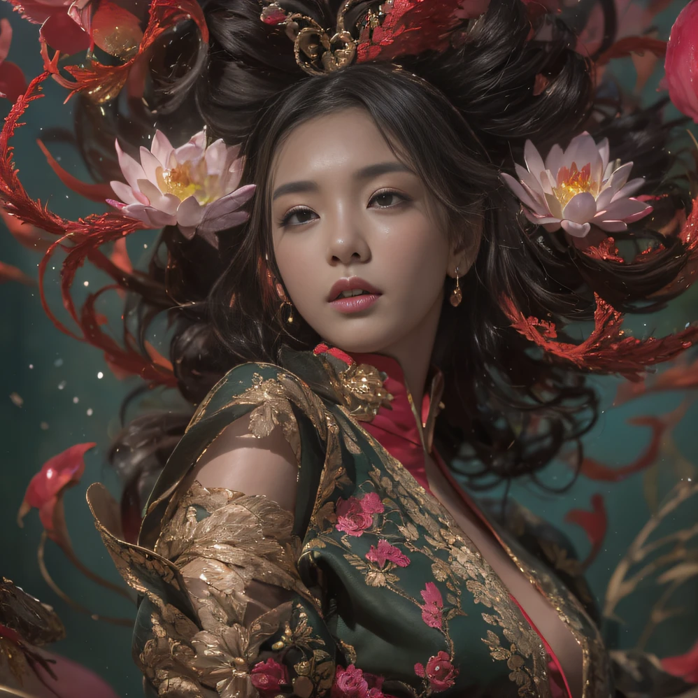 32K(tmasterpiece,k hd,hyper HD,32K)curlies,Flowing rouge,ponds,zydink, a color, Liaoning people (Silly girl), (Silk scarf), Combat posture, looking at the ground, Flowing rouge curls,Green emerald headdress, Chinese long-sleeved pink gold garment, (abstract ink splash:1.2), Pink lotus background,Water lily flower protector(realisticlying:1.4),Rouge hair,Autumn is in full swing,The background is pure, A high resolution, the detail, RAW photogr, Sharp Re, Nikon D850 Film Stock Photo by Jefferies Lee 4 Kodak Portra 400 Camera F1.6 shots, Rich colors, ultra-realistic vivid textures, Dramatic lighting, Unreal Engine Art Station Trend, cinestir 800,Large curls,Flowing rouge