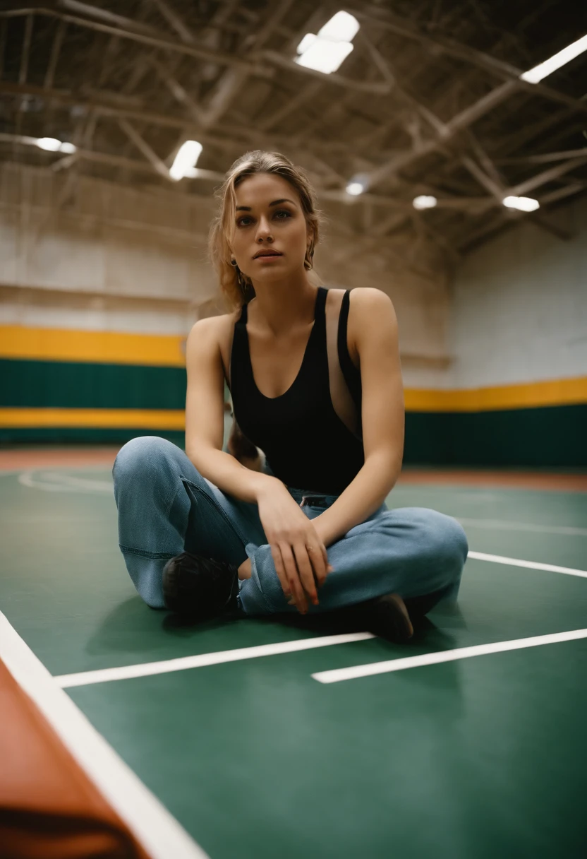 2000s fashion, high-angle photo, shot with Fujicolor C200, capturing a girl sitting down on a basketball court as a backdrop, colorful melancholy, flickr, associated press photo, upper body