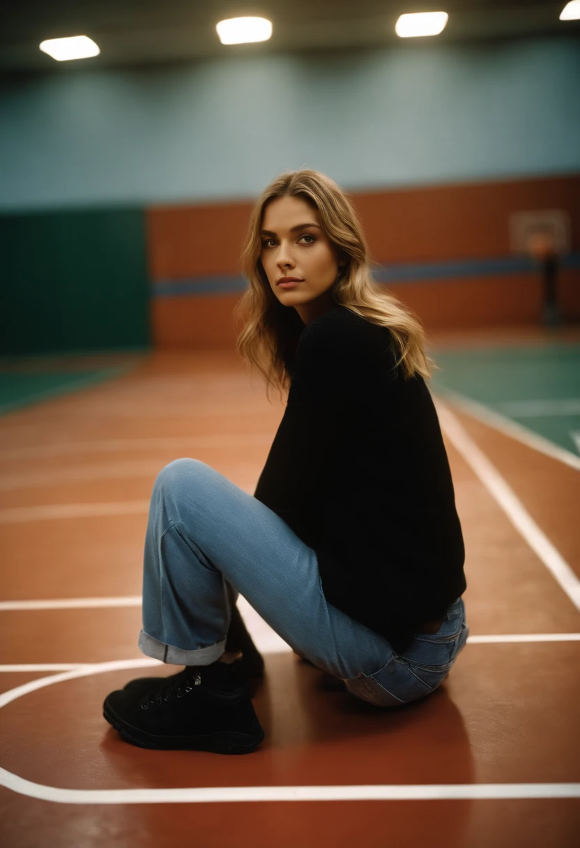2000s fashion, high-angle photo, shot with Fujicolor C200, capturing a girl sitting down on a basketball court as a backdrop, colorful melancholy, flickr, associated press photo, upper body