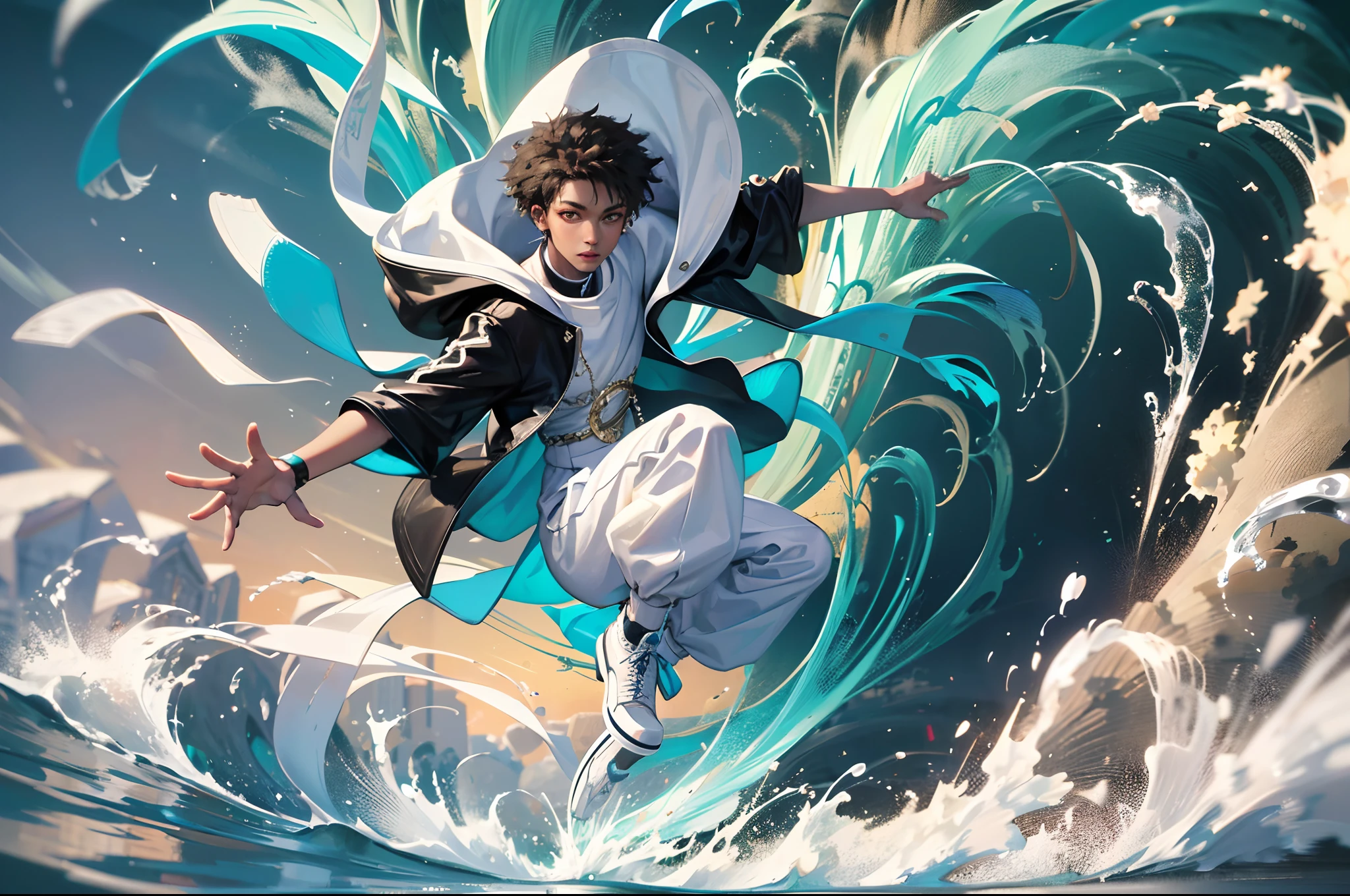 Full body shot of black teenage boy dressed in white African clothes, riding a skateboard and jumping over a moving white highly detailed bugatti splashing water, the whole scene in white colour, white smoke in scene, with iridescent light, highly-realistic image, 32k, ultra HD, cinematic lighting, artgerm style, highly detailed images, --auto --s2