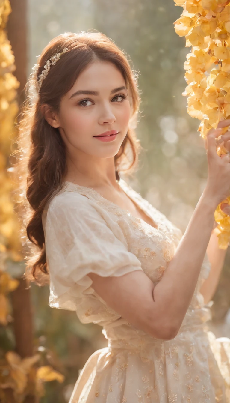 face of adrianaortiz, 35 years old, best quality, masterpiece, highres, (exquisite body:1.5),gorgeous face, (milky skin:1.3), intricate details, high resolution, wallpaper, 1girl, solo, dress, hair ornament, flowers, long hair, blonde hair, smile, jewelry, short sleeves, hand up, big eyes, sexy ass, behind, schoolgirl uniform, mini skirt, natural pose, falling petals, indoor, fanning, lantern, 16K, HDR, depth field, (film grain:1.1), boken, golden hour, (lens flare), vignette, rainbowing, (color grading:1.5)