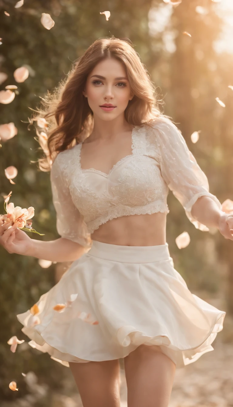 "A promotional model advertising the Corin Virginia 17871 bra from Poland. The model is a blonde with short hair, wearing a beige bra, and pink petals are falling from the sky all around her."
