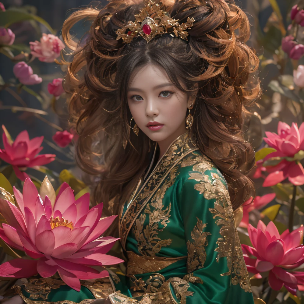 32K（tmasterpiece，k hd，hyper HD，32K）curlies，Flowing rouge，ponds，zydink， a color，  Liaoning people （Silly girl）， （Silk scarf）， Combat posture， looking at the ground，  Flowing rouge curls，Green emerald headdress， Chinese long-sleeved pink gold garment， （abstract ink splash：1.2）， Pink lotus background，Water lily flower protector（realisticlying：1.4），Rouge hair，Autumn is in full swing，The background is pure， A high resolution， the detail， RAW photogr， Sharp Re， Nikon D850 Film Stock Photo by Jefferies Lee 4 Kodak Portra 400 Camera F1.6 shots, Rich colors, ultra-realistic vivid textures, Dramatic lighting, Unreal Engine Art Station Trend, cinestir 800，Large curls，Flowing rouge