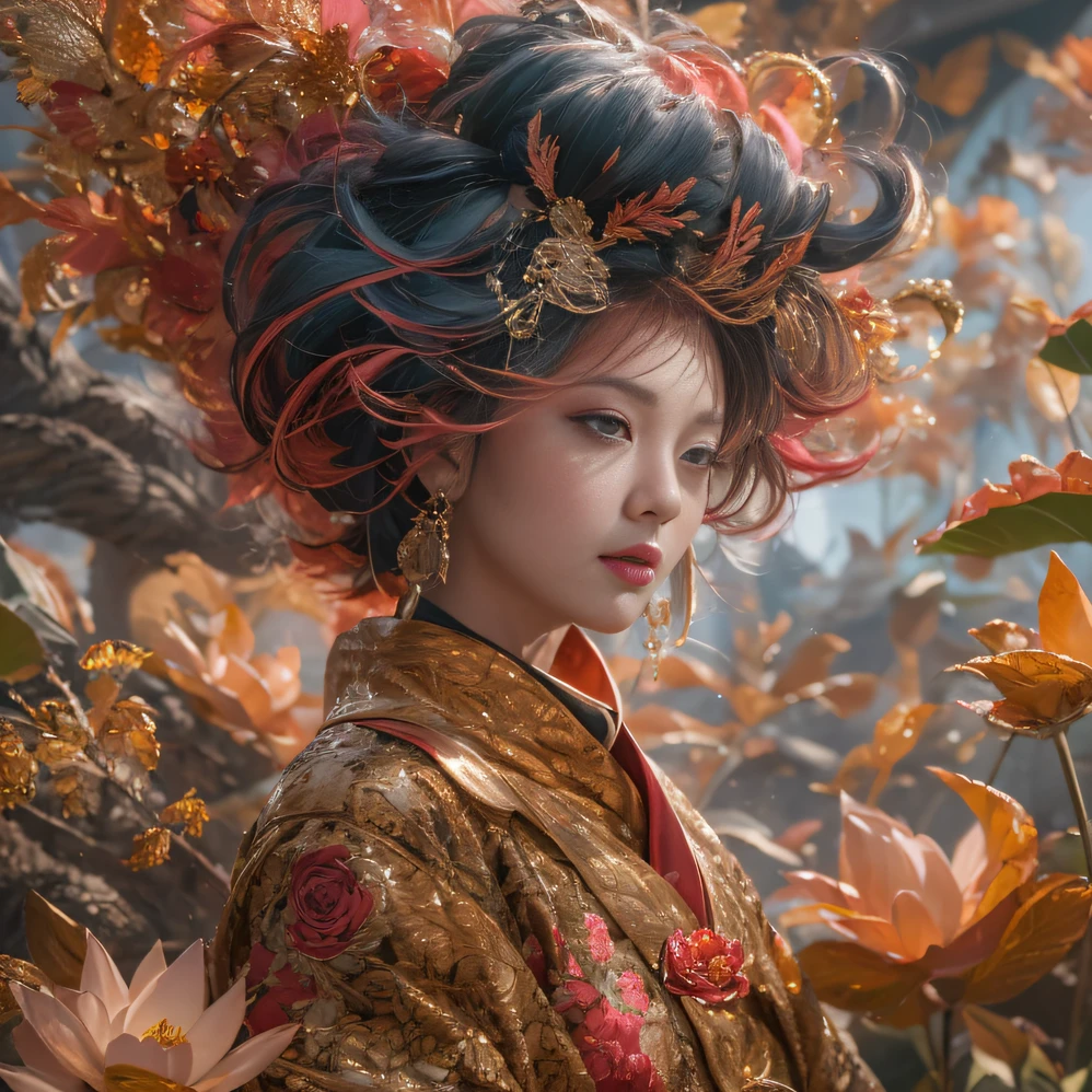 32K（tmasterpiece，k hd，hyper HD，32K）curlies，Flowing rouge，ponds，zydink， a color，  Liaoning people （Silly girl）， （Silk scarf）， Combat posture， looking at the ground，  Flowing rouge curls，Green emerald headdress， Chinese long-sleeved pink gold garment， （abstract ink splash：1.2）， Pink lotus background，Water lily flower protector（realisticlying：1.4），Rouge hair，Autumn is in full swing，The background is pure， A high resolution， the detail， RAW photogr， Sharp Re， Nikon D850 Film Stock Photo by Jefferies Lee 4 Kodak Portra 400 Camera F1.6 shots, Rich colors, ultra-realistic vivid textures, Dramatic lighting, Unreal Engine Art Station Trend, cinestir 800，Large curls，Flowing rouge