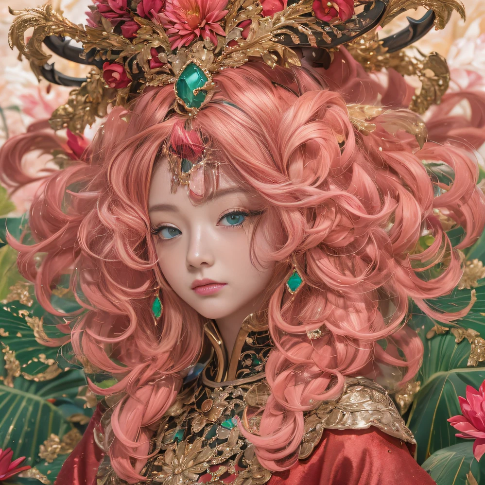 32K(tmasterpiece,k hd,hyper HD,32K)curlies,Flowing rouge,ponds,zydink, a color, Liaoning people (Silly girl), (Silk scarf), Combat posture, looking at the ground, Flowing rouge curls,Green emerald headdress, Chinese long-sleeved pink gold garment, (abstract ink splash:1.2), Pink lotus background,Water lily flower protector(realisticlying:1.4),Rouge hair,Autumn is in full swing,The background is pure, A high resolution, the detail, RAW photogr, Sharp Re, Nikon D850 Film Stock Photo by Jefferies Lee 4 Kodak Portra 400 Camera F1.6 shots, Rich colors, ultra-realistic vivid textures, Dramatic lighting, Unreal Engine Art Station Trend, cinestir 800,Large curls,Flowing rouge