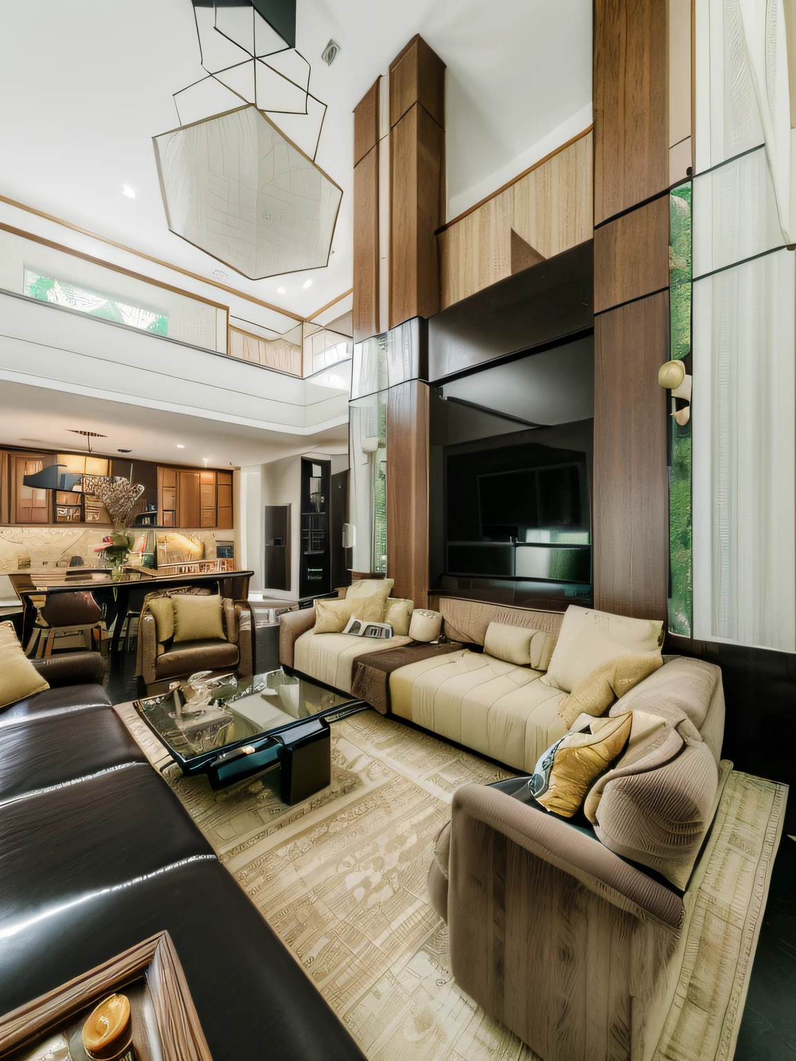 RAW photo, Masterpiece, high quality, best quality, authentic, super detailed, glossy indochina black furniture), couch, table, carpet, shelf tv, 1 solid wood door:1.4,((laminated plaster,))), day light)), natural light fromt glass door, archdaily architecture, (high detail: 1.2), 8k uhd, dslr, soft light, high quality, film grain, Fujifilm XT3,Living room, well arranged livable space, homy, (couch:1.3), (coffee table:1.3), (armchairs:1.3), dining table with chairs, Traditional design, crown holding, emphasis on on symmetry and order, classic decor elements, chandeliers and bookcases, neutral colour schemes with pops of bold colours, jewel tones