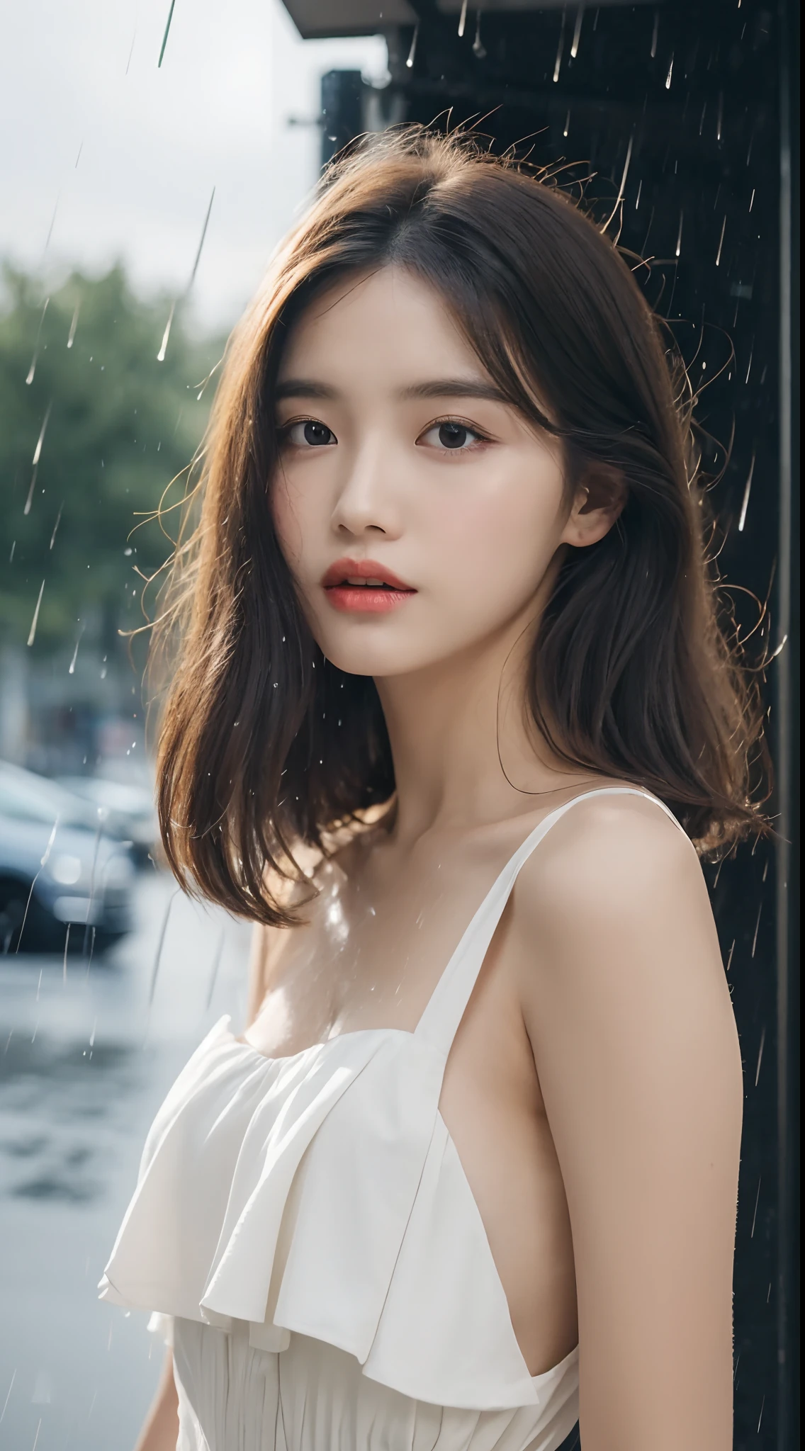((Best Quality, 8k, Masterpiece: 1.3)), Focus: 1.2, Perfect Body Beauty: 1.4, Buttocks: 1.2, ((Layered Haircut, Flat Chest: 1.2)), (Rain, Street:1.3), Bandeau Dress: 1.1, Highly Detailed Face and Skin Texture, Fine Eyes, Double Eyelids, Whitened Skin, Long Hair, (Shut Up: 1.3), Full Body
