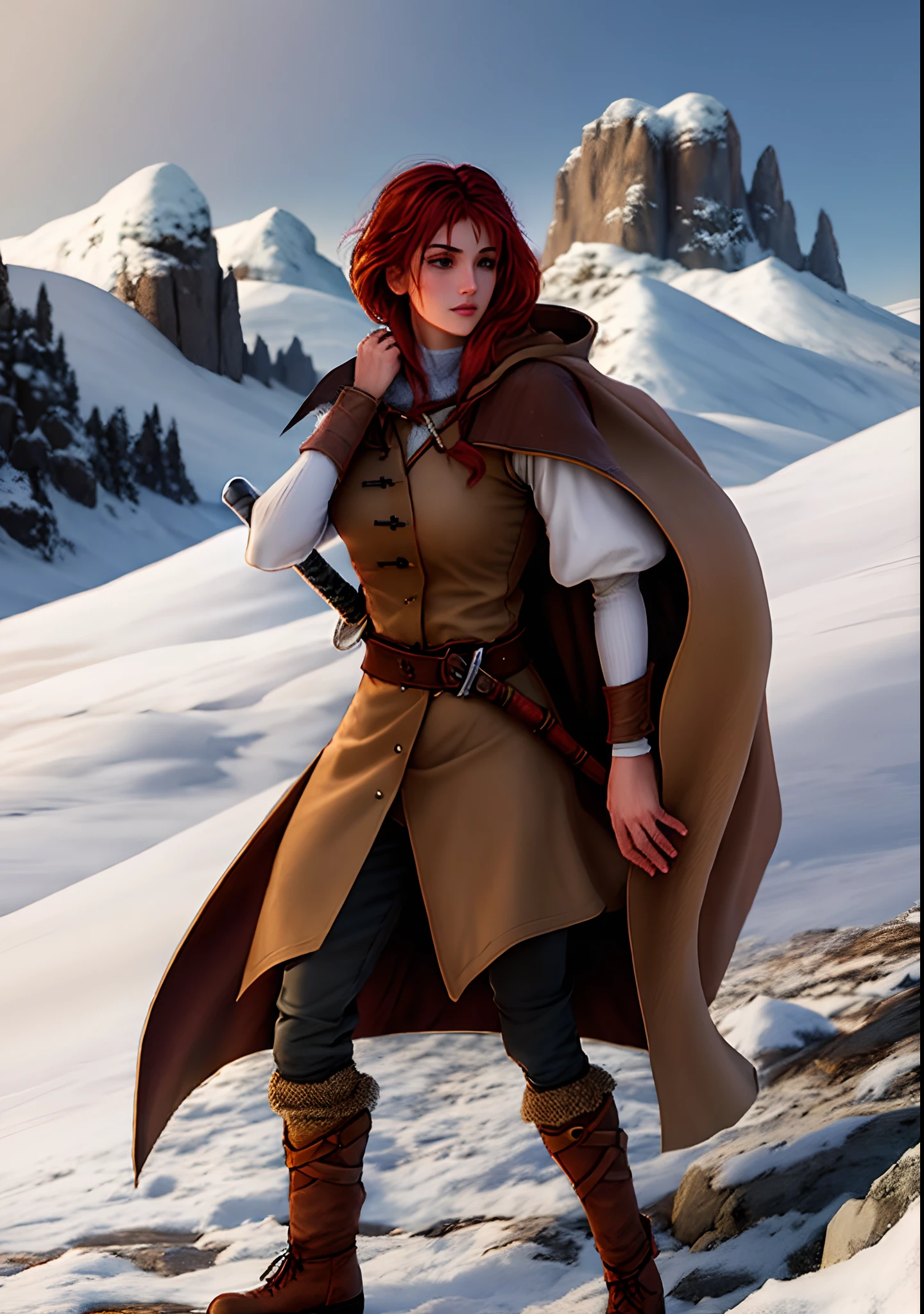 Cartoon of a woman in a rustic brown coat and boots holding a sword, tempestade de neve, neve brilhante, REALISTIC IMAGE, wallpaper, kvothe do nome do vento, Inspirado em Kris de Deltarrune, RPG Retrato Corpo Inteiro, Retrato RPG de corpo inteiro, Personagem de RPG, Fantasia D&Personagem D