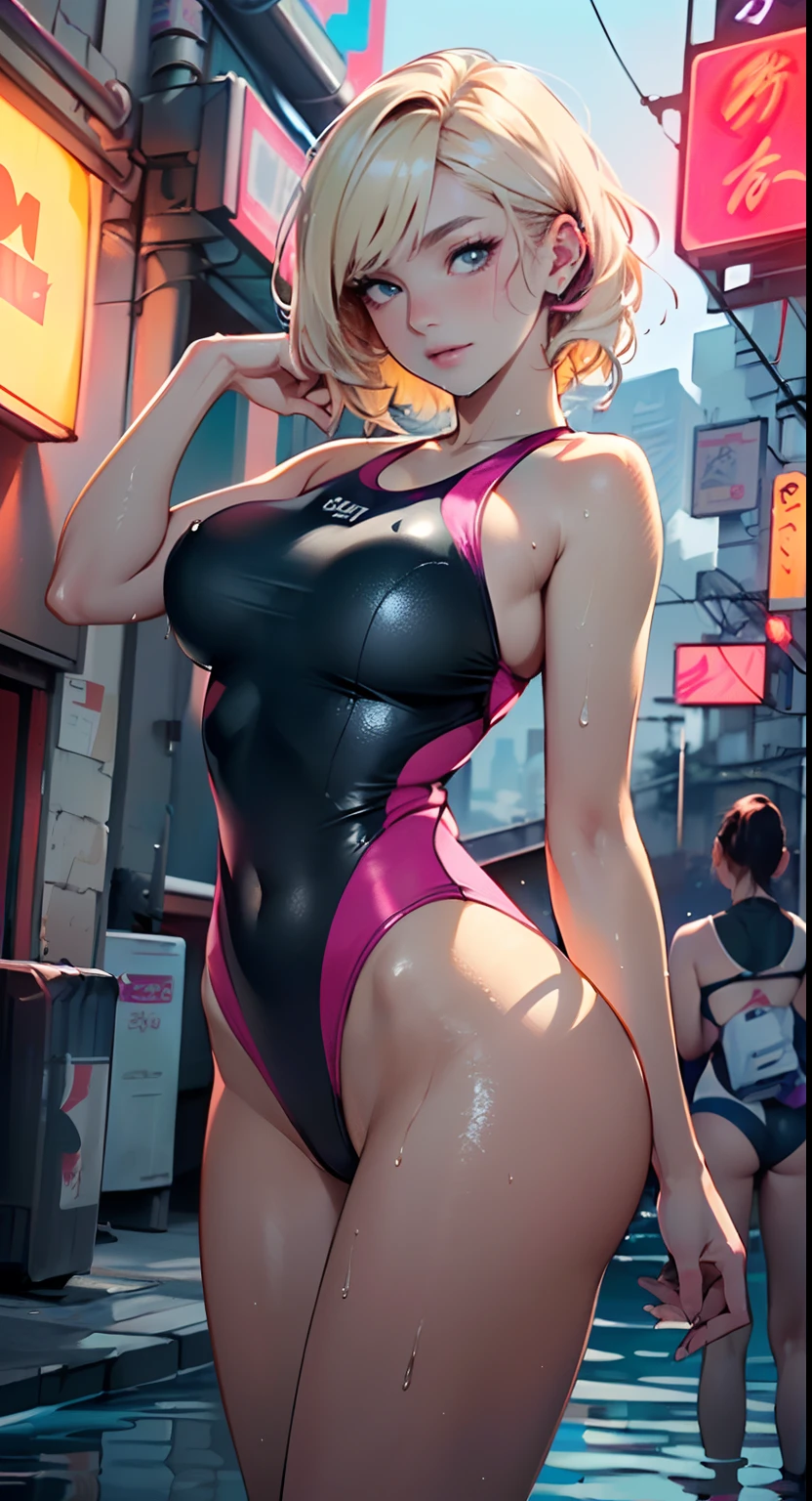 girls swimmers,(2girls,2 girls,2girl),two girls,multiple girls:1.5,((girls, twins with extremely cute and beautiful blonde)), (((twins,equal girls, identic girls,lesbian,lesbians,yuri,hugs))),
(large breasts:1.4),saggy breasts,(((very light blonde hair:1.35,straight hair,long hair:1.4,colored inner hair,ear breathing))),(((heterochromia:1.5,eye1 blue,eye2 green))),intricate eyes,beautiful detailed eyes,symmetrical eyes,((fat)),(((lustrous skin:1.5,bright skin: 1.5,skin tanned,shiny skin,very shiny skin,shiny body,plastic glitter skin,exaggerated shiny skin,illuminated skin, wet legs))),(spider lower abdomen,narrow waist,wide hip,athletic body,inflated legs,delicate detailed fingers,detailed body,human hands,(detailed face)),
cute,slutty,seductive,erotic,(((nsfw))),
((one-piece_swimsuit magenta,wearing a one-piece_swimsuit outfit:1.3,magenta swimsuit:1.3)),((wet clothes,intricate outfit,intricate clothes)),
(dynamic pose:1.0),embarrassed,(centered,scale to fit dimensions,Rule of thirds),
cyberpunk city by the ocean at night, with bright neon signs and dark stormy clouds and puddles, scenery:1.25,
highres, sharp focus, (ultra detailed, extremely detailed), (photorealistic artwork:1.37),(extremely detailed CG unity 8k wallpaper),((synthwave background theme)),(((vibrant colors))),(intricate background),(masterpiece),(best quality),