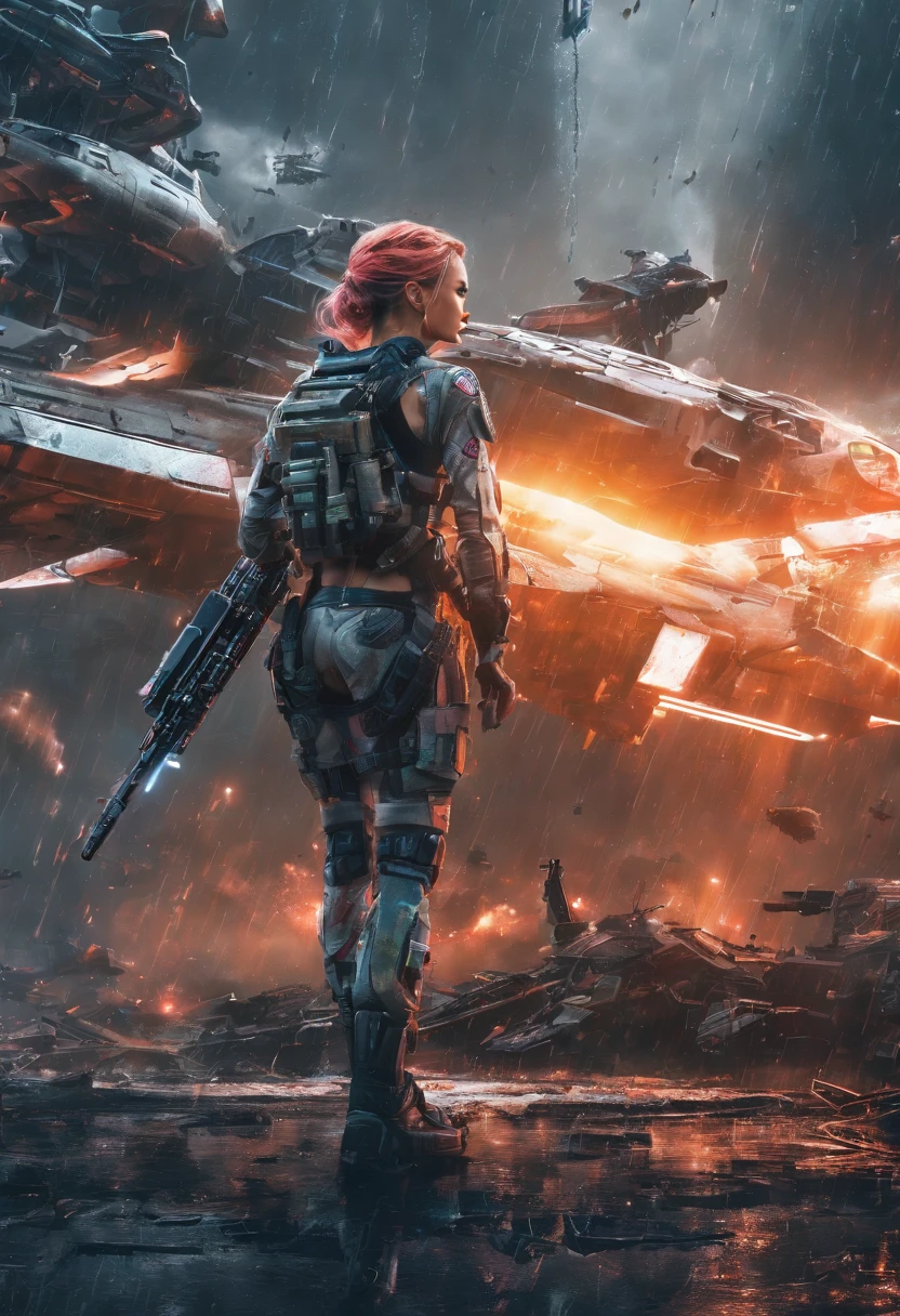Armageddon battle scene with beautiful surrealist photo of cute young swedish woman with rune tattoo, ((Dirty face Blood splattered)), (((Wear an all-heavy mech, Combat harness, Neon highlights))) Short red hair braids, Combat pose, (((Grab the side of the combat sci-fi combat helicopter))), Exterior of destroyed buildings, fires, Smoke, detritos, Camouflage net, caisson, rain, Stormy, Wet, Abstract beauty, near-perfect, Pure form, intricately details, 8K post-production, high resolution, Super detail, trending on artstationh, Sharp focus, Studio photos, intricately details, Very detailed, by Greg Rutkowski