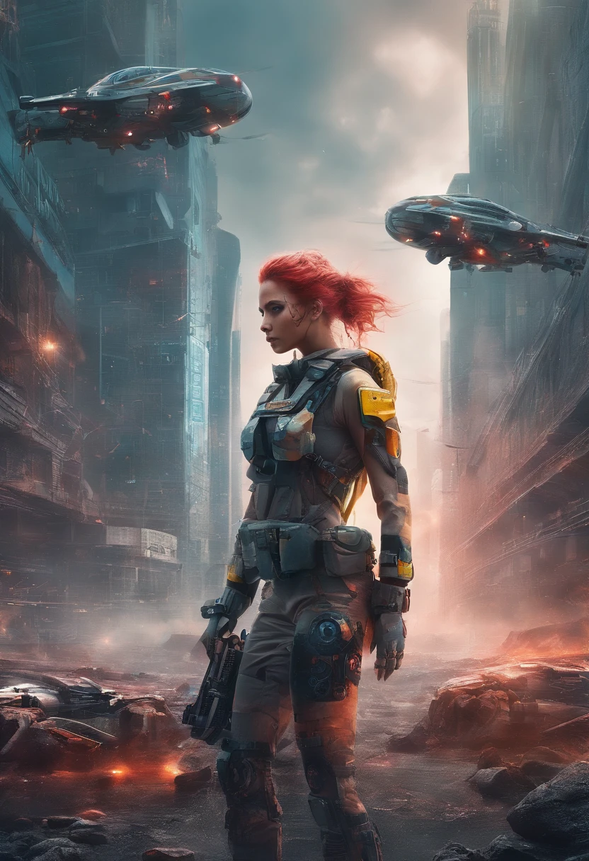 Armageddon battle scene with beautiful surrealist photo of cute young swedish woman with rune tattoo, ((Dirty face Blood splattered)), (((Wear an all-heavy mech, Combat harness, Neon highlights))) Short red hair braids, Combat pose, (((Grab the side of the combat sci-fi combat helicopter))), Exterior of destroyed buildings, fires, Smoke, detritos, Camouflage net, caisson, rain, Stormy, Wet, Abstract beauty, near-perfect, Pure form, intricately details, 8K post-production, high resolution, Super detail, trending on artstationh, Sharp focus, Studio photos, intricately details, Very detailed, by Greg Rutkowski